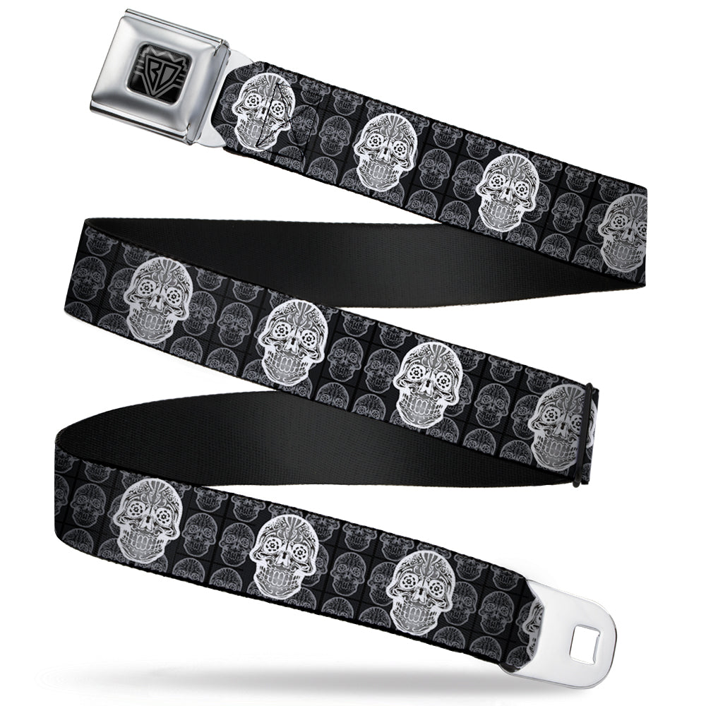 BD Wings Logo CLOSE-UP Full Color Black Silver Seatbelt Belt - Skull Candy Black/Gray/White Webbing Seatbelt Belts Buckle-Down