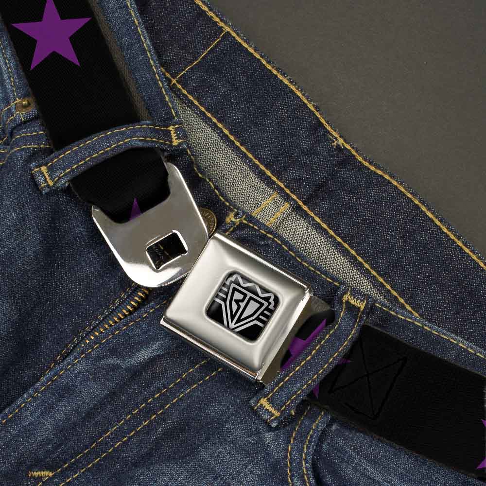 BD Wings Logo CLOSE-UP Full Color Black Silver Seatbelt Belt - Star Black/Purple Webbing Seatbelt Belts Buckle-Down