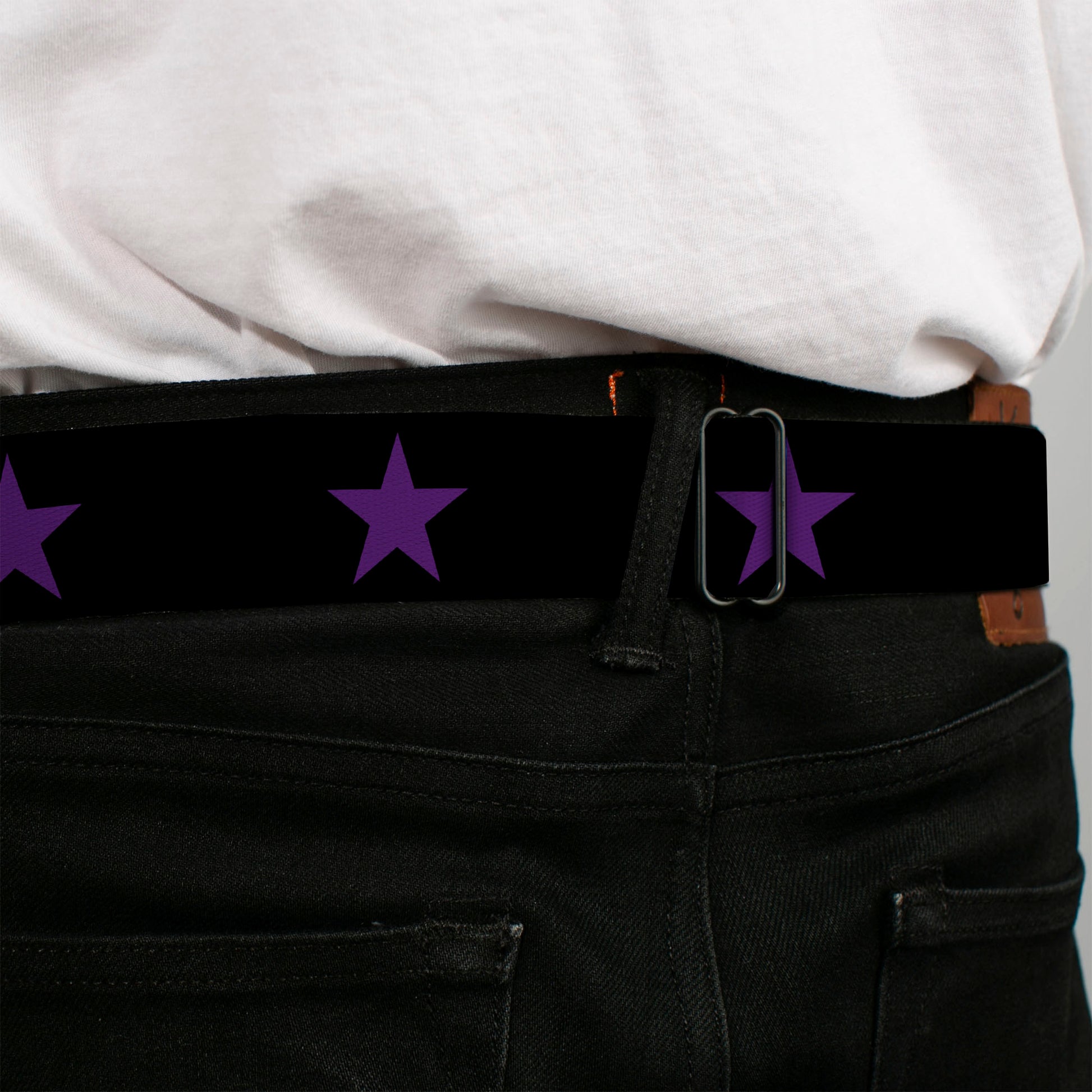 BD Wings Logo CLOSE-UP Full Color Black Silver Seatbelt Belt - Star Black/Purple Webbing Seatbelt Belts Buckle-Down