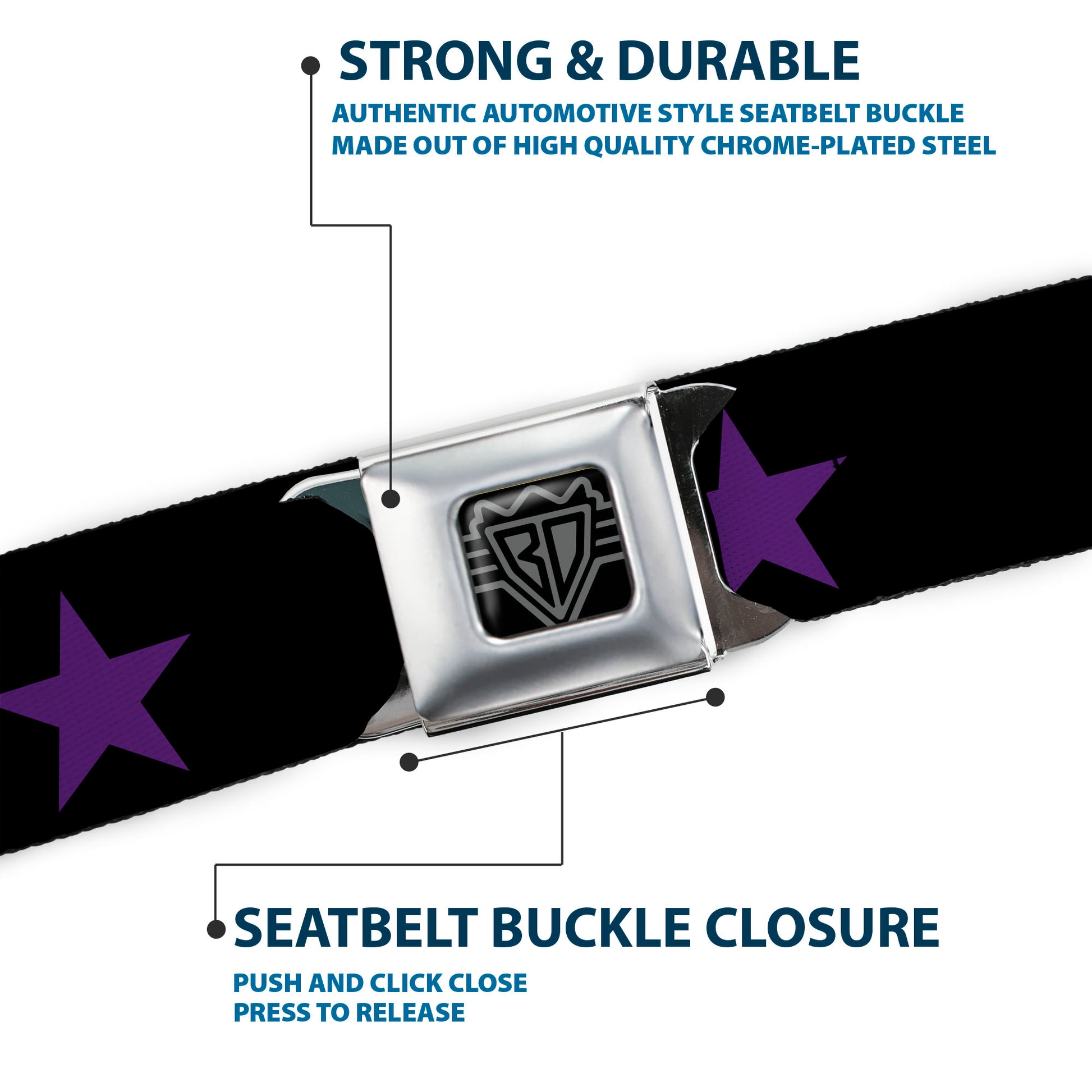 BD Wings Logo CLOSE-UP Full Color Black Silver Seatbelt Belt - Star Black/Purple Webbing Seatbelt Belts Buckle-Down
