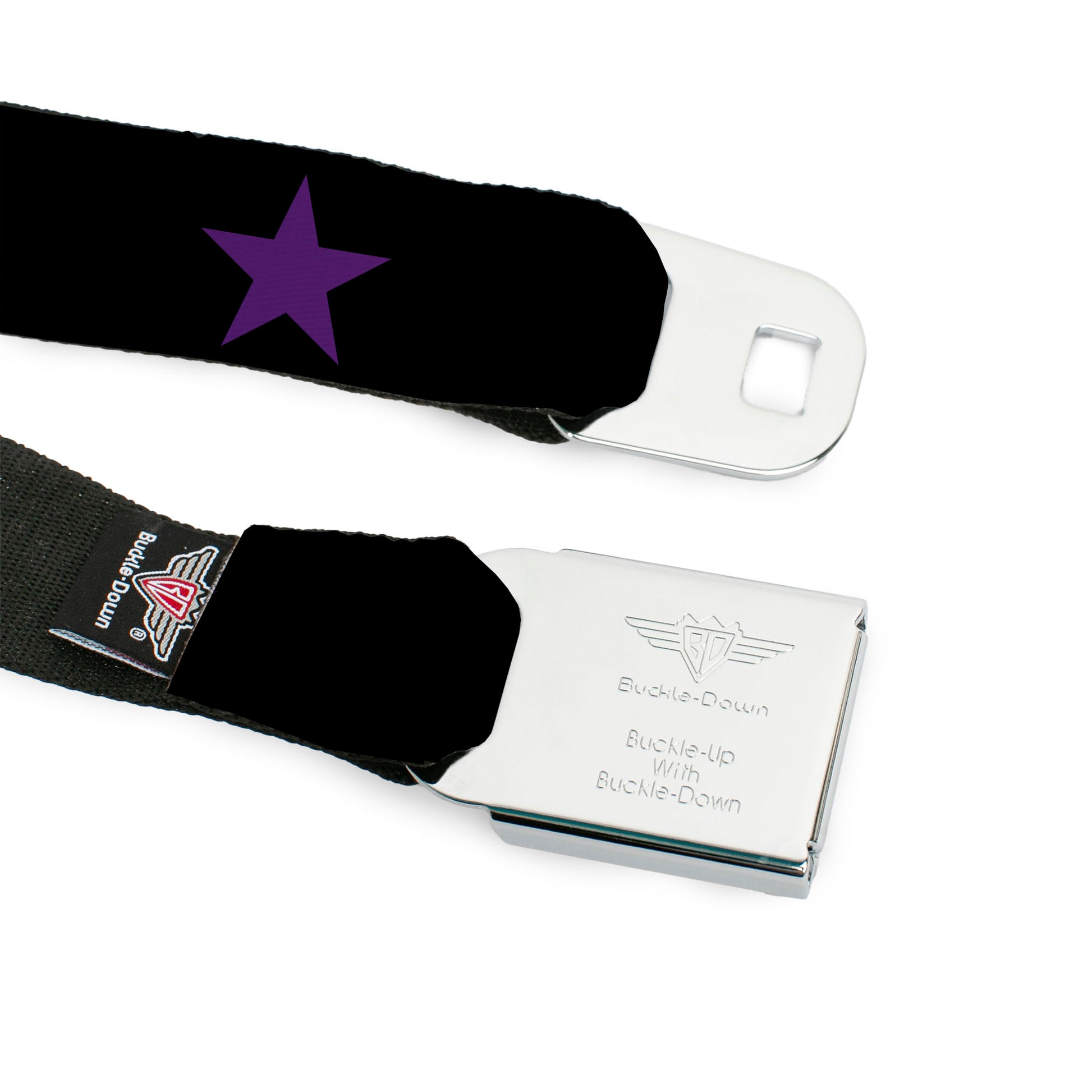 BD Wings Logo CLOSE-UP Full Color Black Silver Seatbelt Belt - Star Black/Purple Webbing Seatbelt Belts Buckle-Down