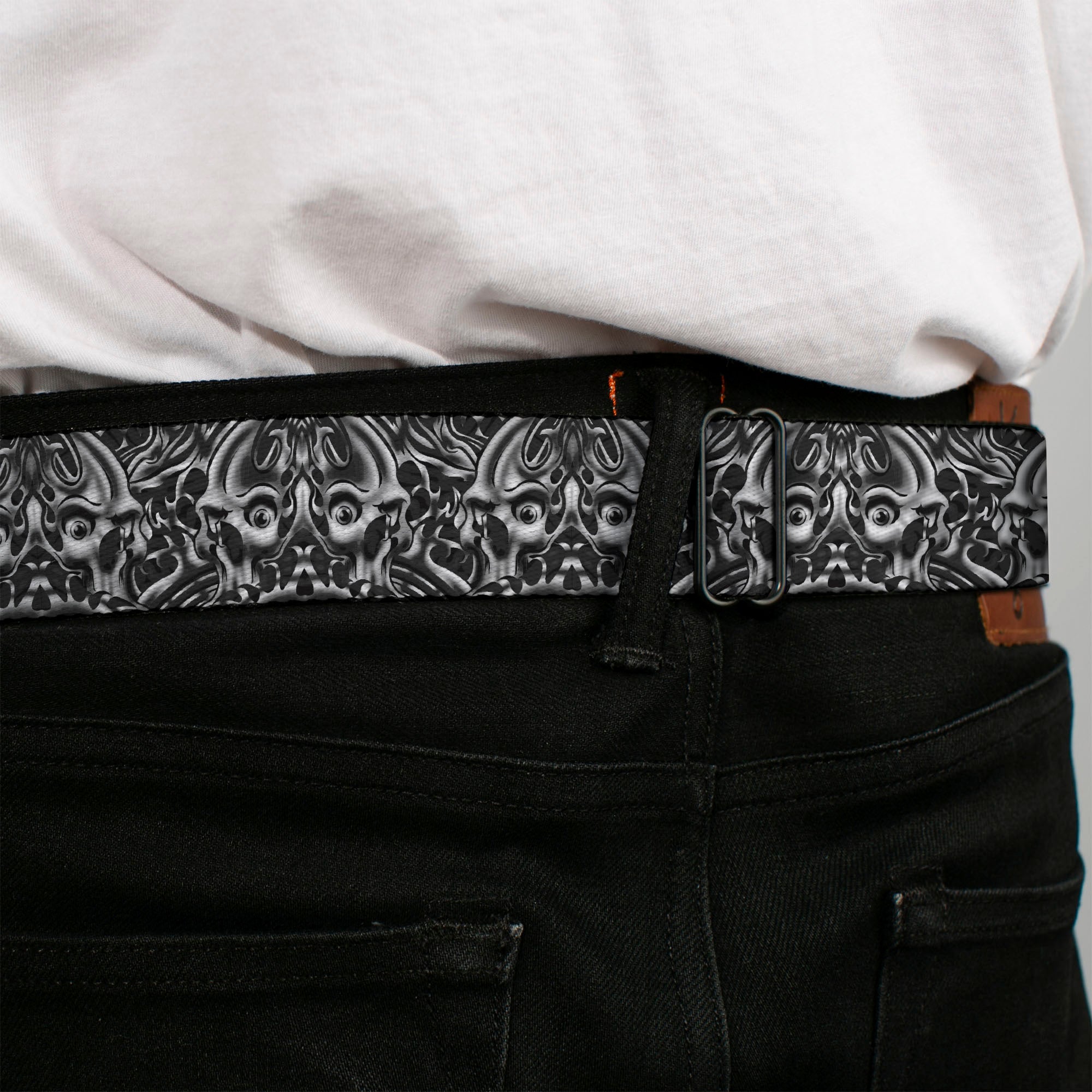 BD Wings Logo CLOSE-UP Full Color Black Silver Seatbelt Belt - Sleeve Skulls Black/Gray Webbing Seatbelt Belts Buckle-Down