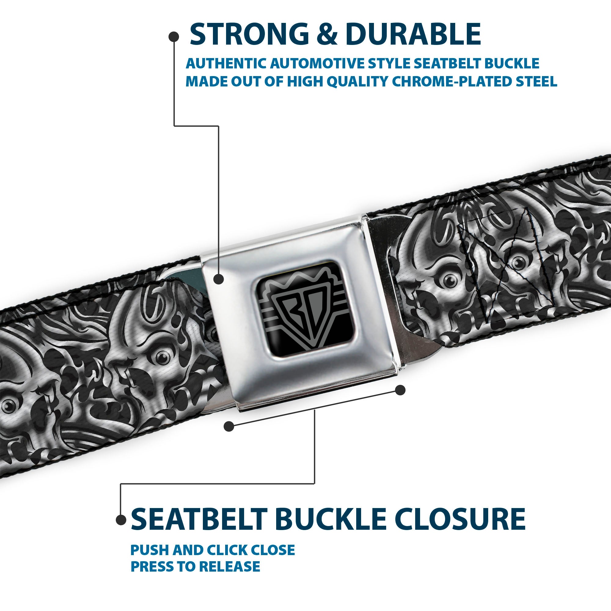 BD Wings Logo CLOSE-UP Full Color Black Silver Seatbelt Belt - Sleeve Skulls Black/Gray Webbing Seatbelt Belts Buckle-Down