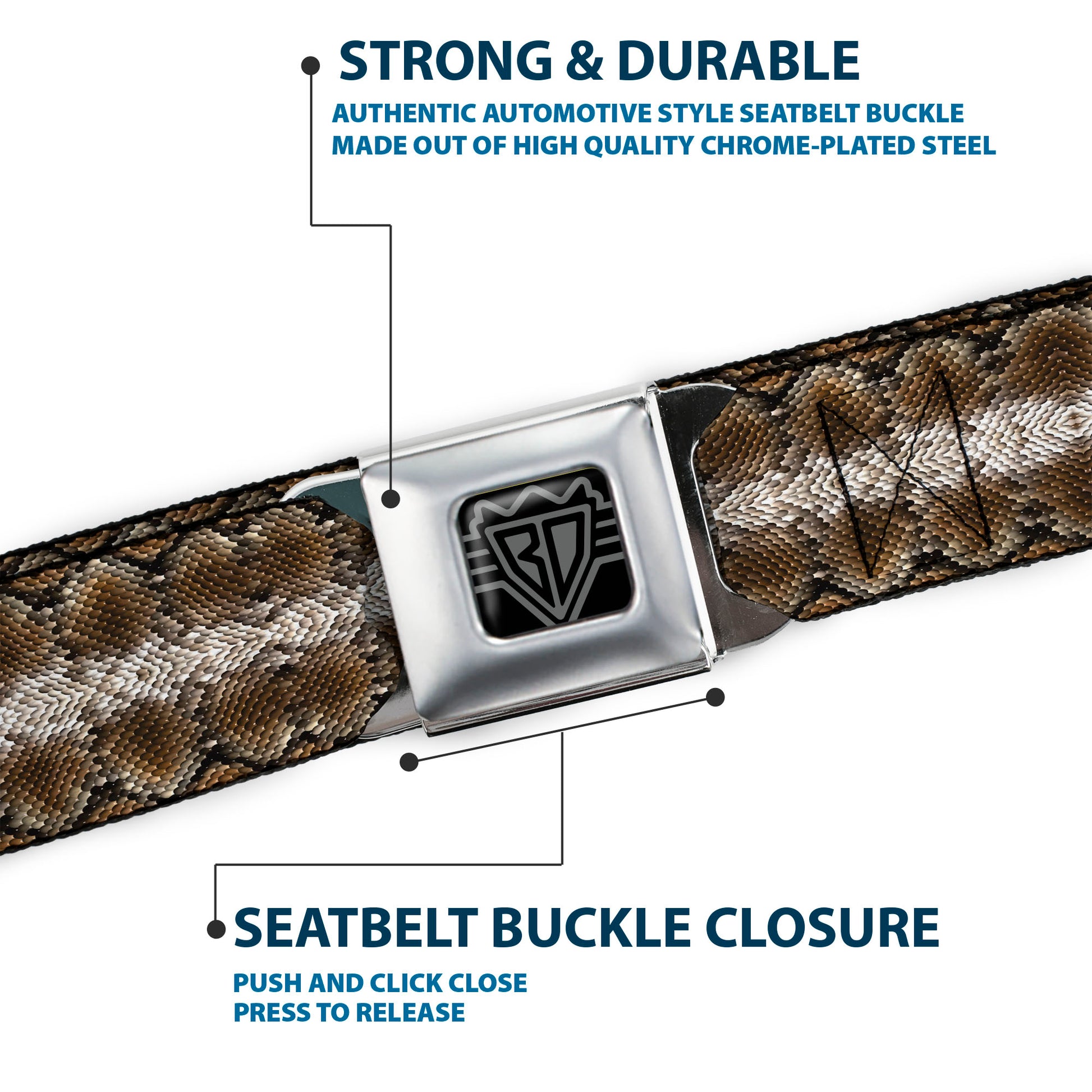 BD Wings Logo CLOSE-UP Full Color Black Silver Seatbelt Belt - Snake Skin 2 Webbing Seatbelt Belts Buckle-Down