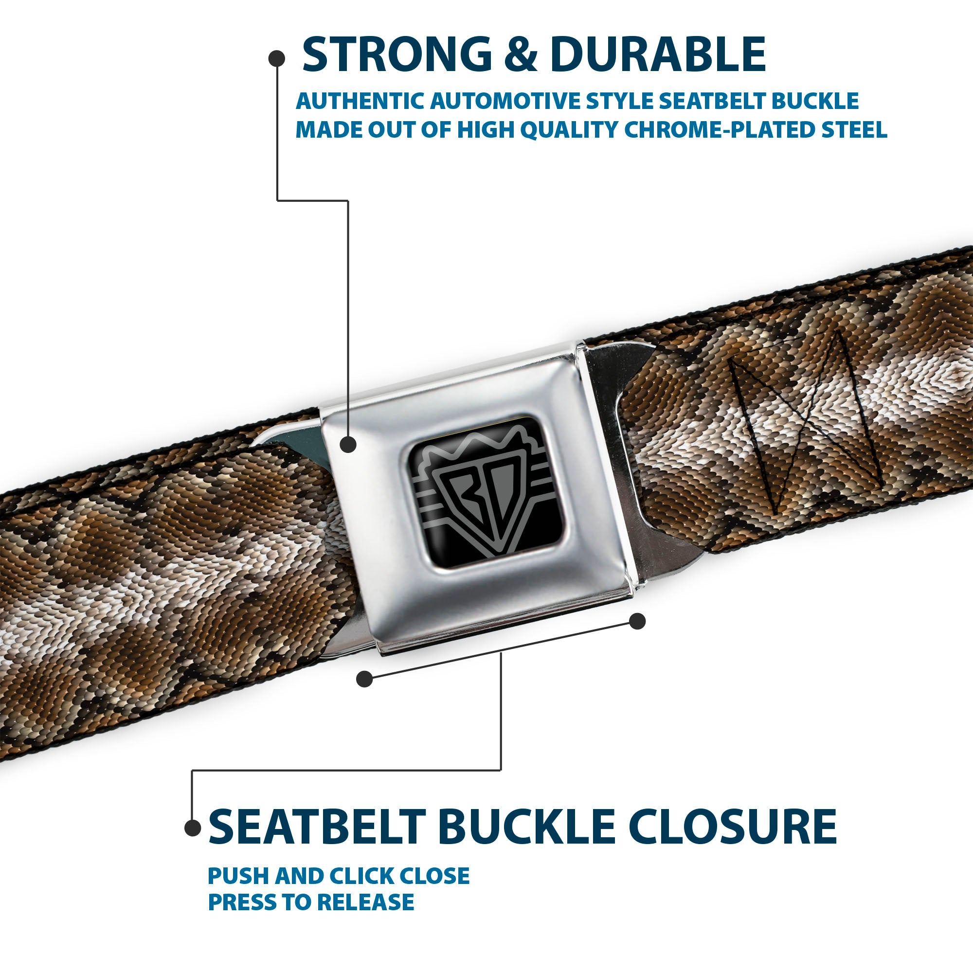 BD Wings Logo CLOSE-UP Full Color Black Silver Seatbelt Belt - Snake Skin 2 Webbing Seatbelt Belts Buckle-Down