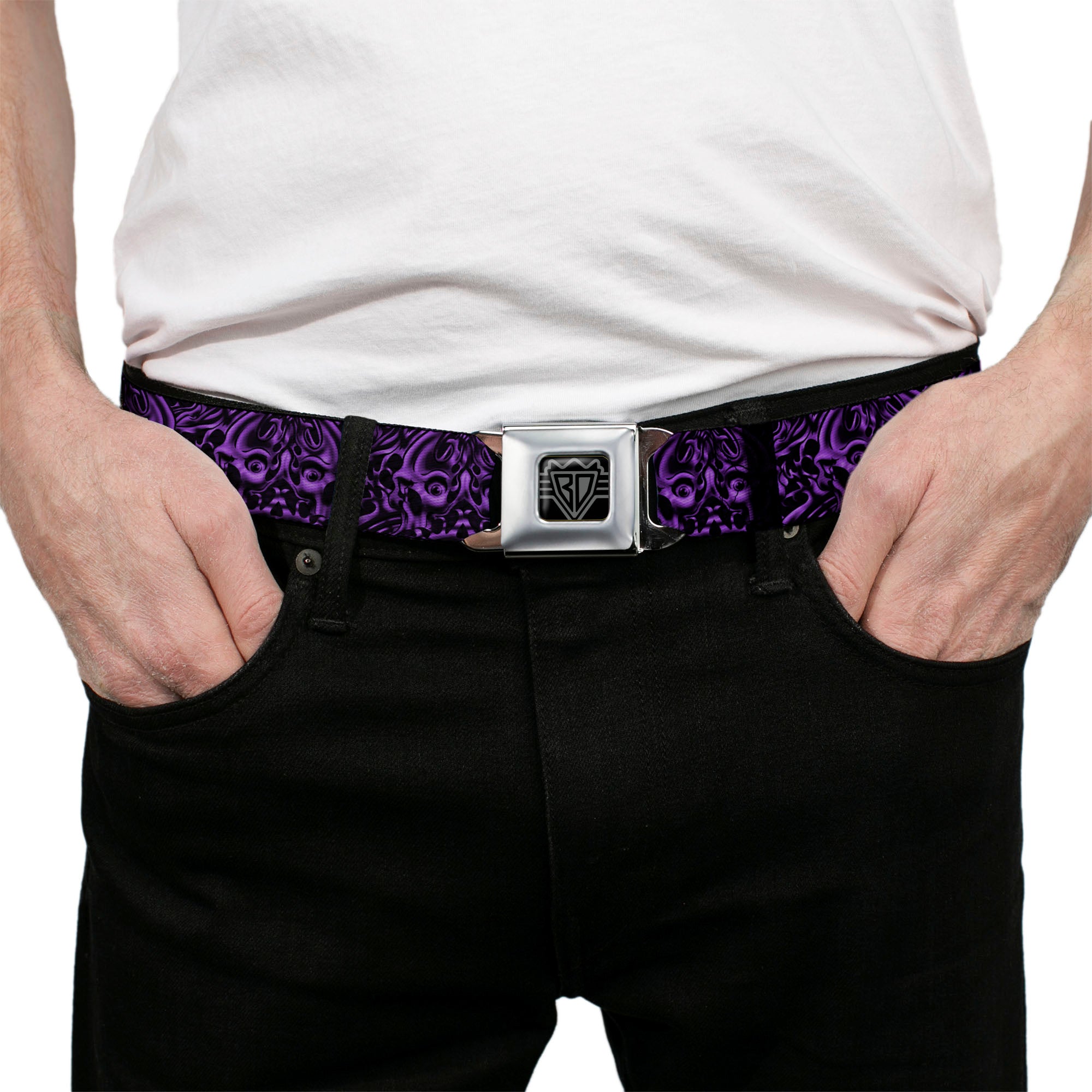 BD Wings Logo CLOSE-UP Full Color Black Silver Seatbelt Belt - Sleeve Skulls Black/Purple Webbing Seatbelt Belts Buckle-Down
