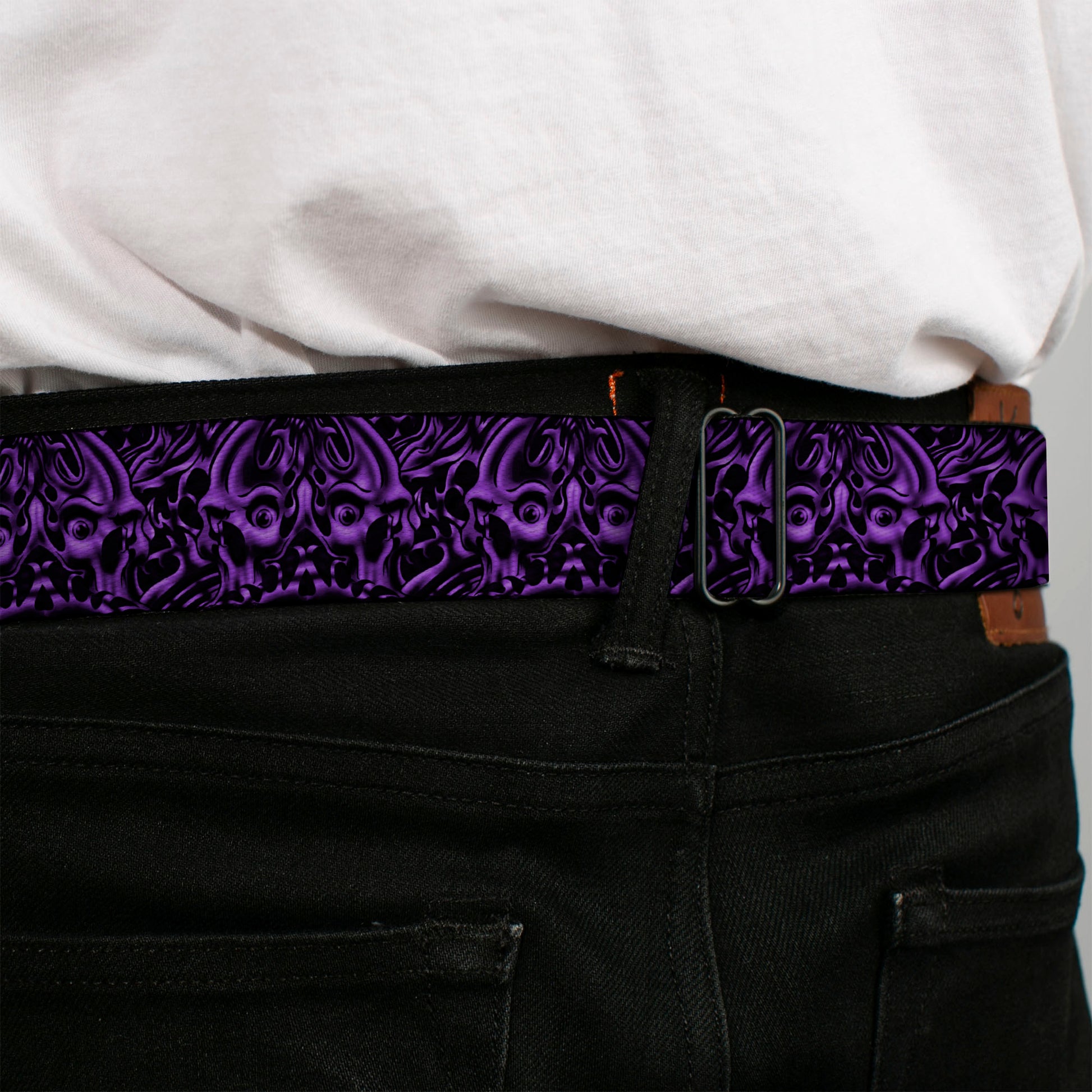 BD Wings Logo CLOSE-UP Full Color Black Silver Seatbelt Belt - Sleeve Skulls Black/Purple Webbing Seatbelt Belts Buckle-Down