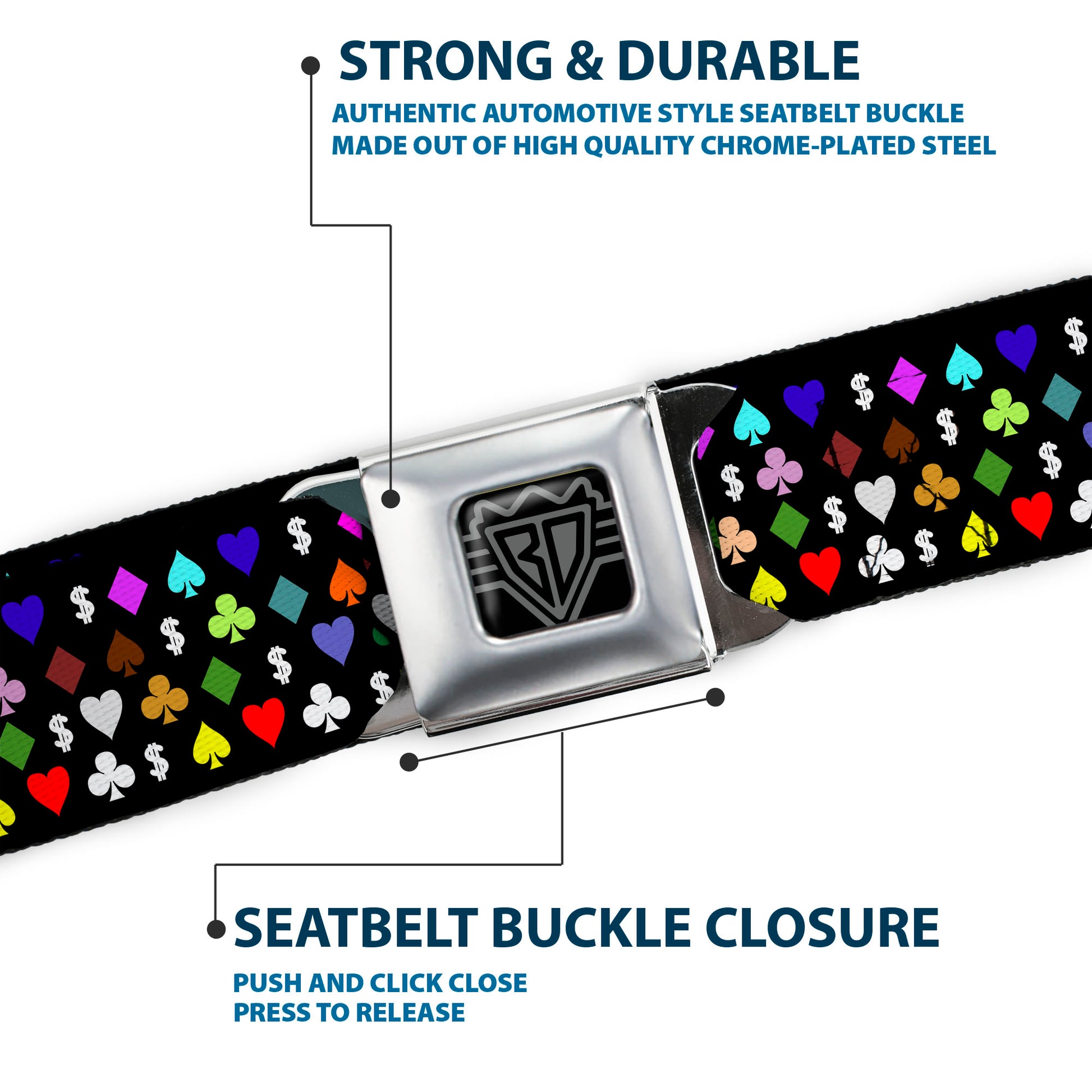 BD Wings Logo CLOSE-UP Full Color Black Silver Seatbelt Belt - Suits $$$ Black/Multi Color Webbing Seatbelt Belts Buckle-Down