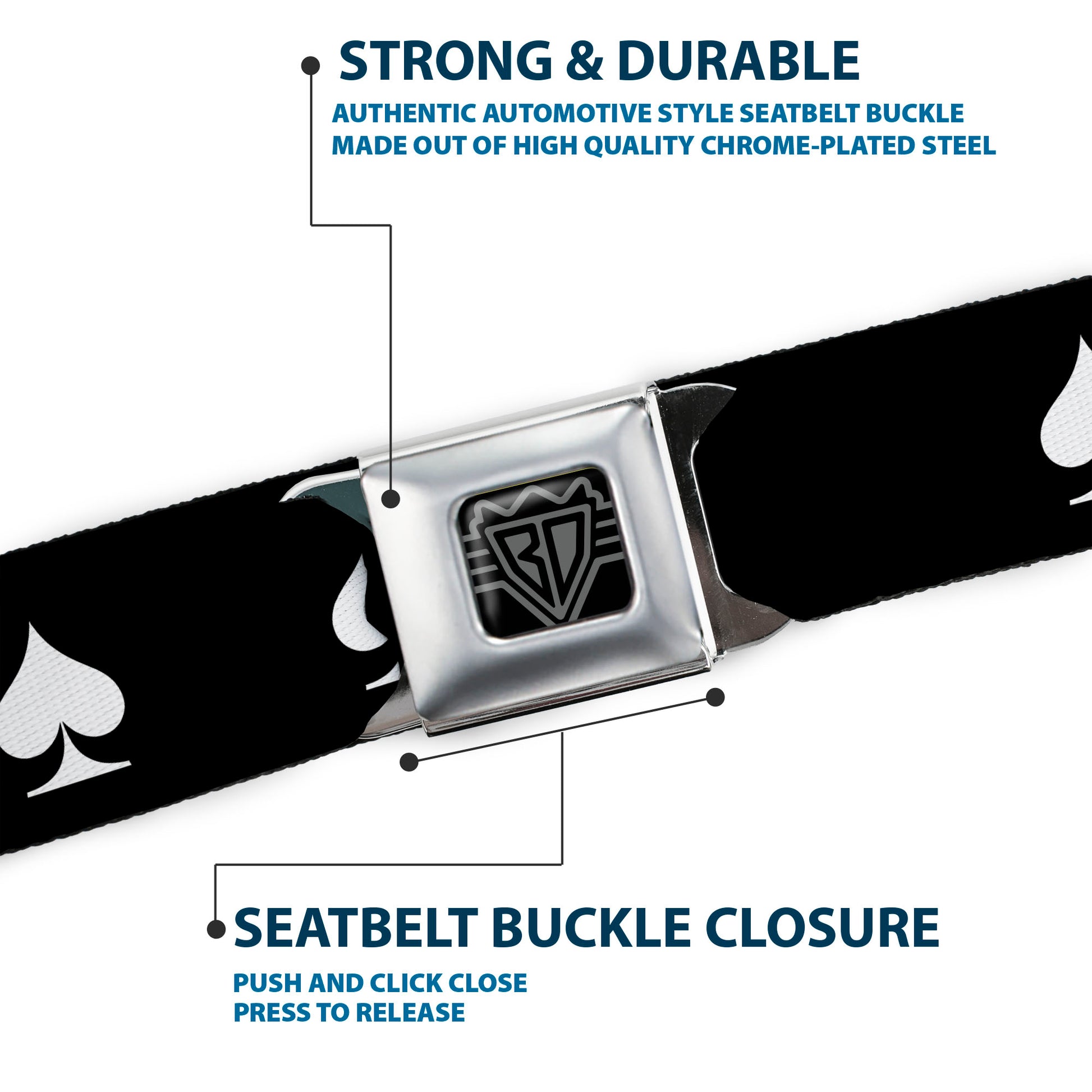 BD Wings Logo CLOSE-UP Full Color Black Silver Seatbelt Belt - Spade Black/White Webbing Seatbelt Belts Buckle-Down
