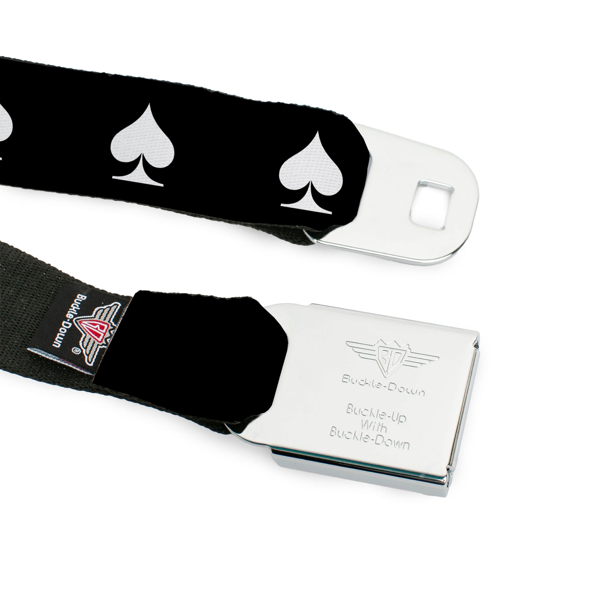 BD Wings Logo CLOSE-UP Full Color Black Silver Seatbelt Belt - Spade Black/White Webbing Seatbelt Belts Buckle-Down