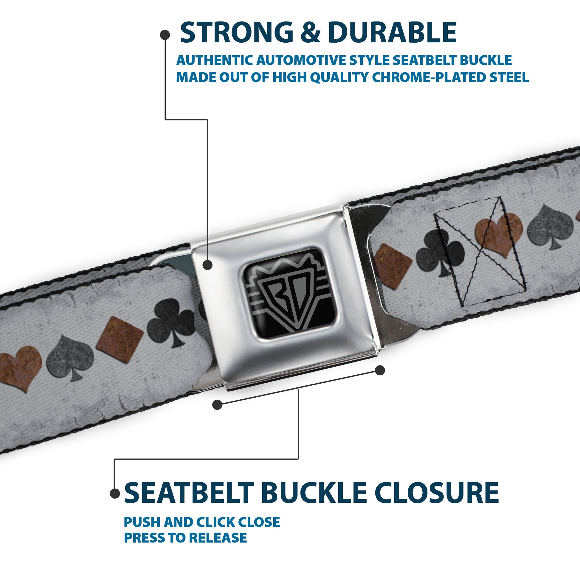 BD Wings Logo CLOSE-UP Full Color Black Silver Seatbelt Belt - Suits Gray Stone Webbing Seatbelt Belts Buckle-Down