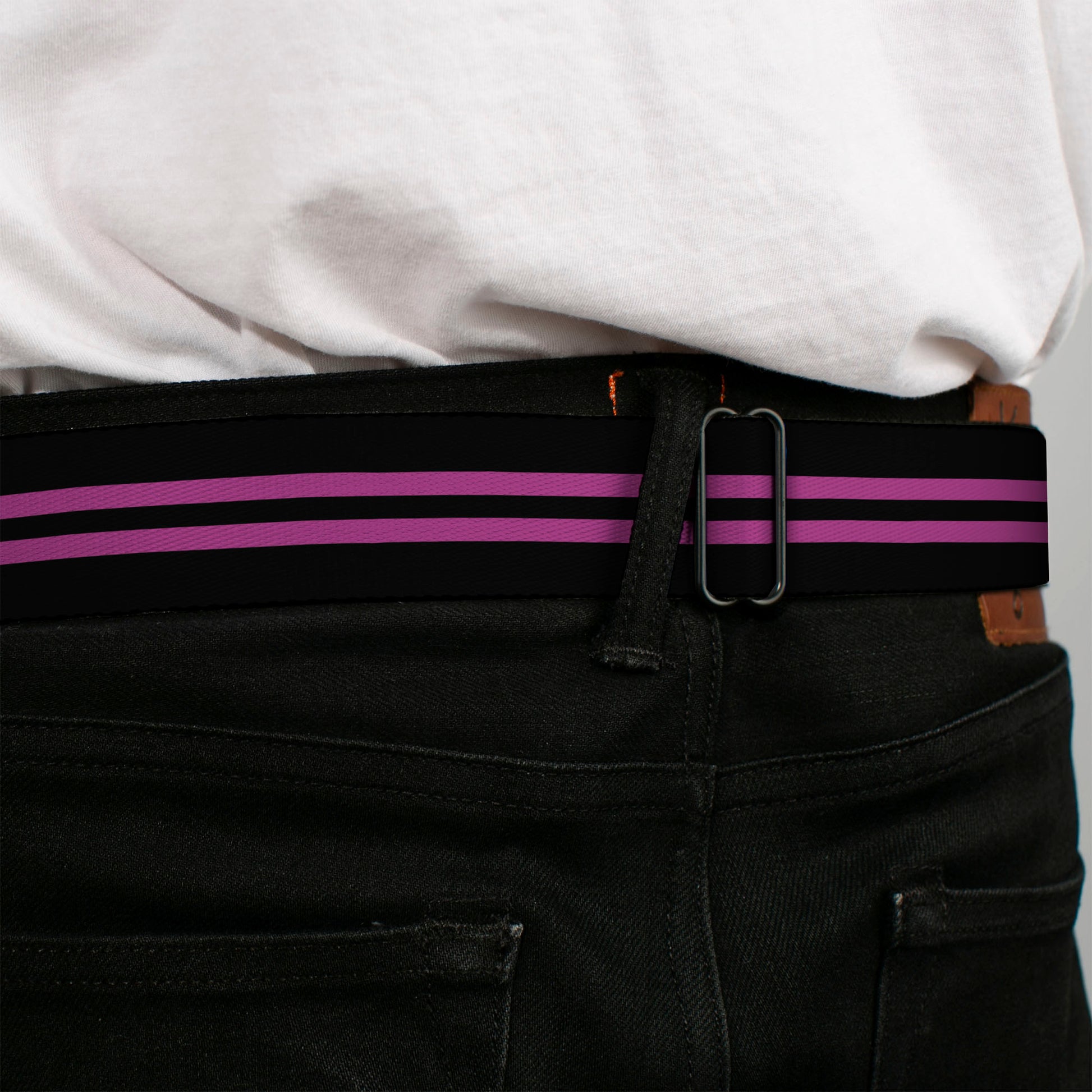 BD Wings Logo CLOSE-UP Full Color Black Silver Seatbelt Belt - Stripe Black/Pink Webbing Seatbelt Belts Buckle-Down