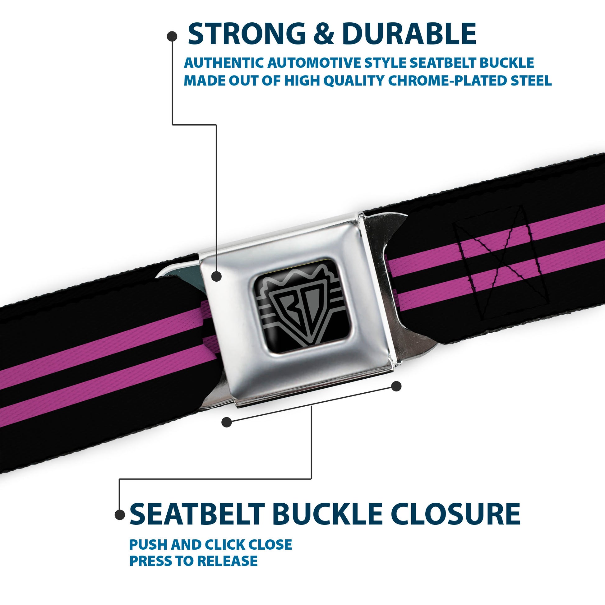 BD Wings Logo CLOSE-UP Full Color Black Silver Seatbelt Belt - Stripe Black/Pink Webbing Seatbelt Belts Buckle-Down