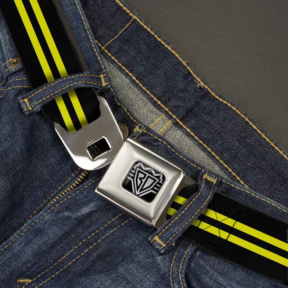 BD Wings Logo CLOSE-UP Full Color Black Silver Seatbelt Belt - Stripe Black/Yellow Webbing Seatbelt Belts Buckle-Down