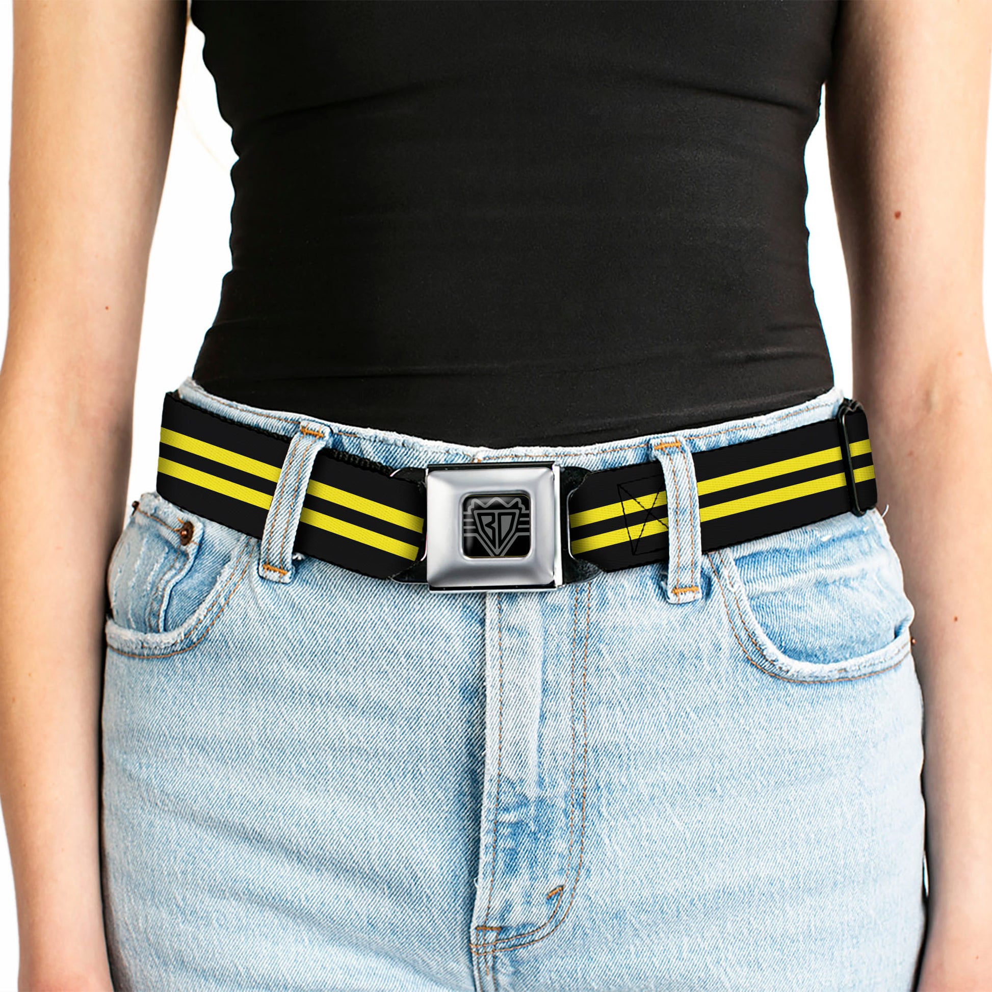 BD Wings Logo CLOSE-UP Full Color Black Silver Seatbelt Belt - Stripe Black/Yellow Webbing Seatbelt Belts Buckle-Down