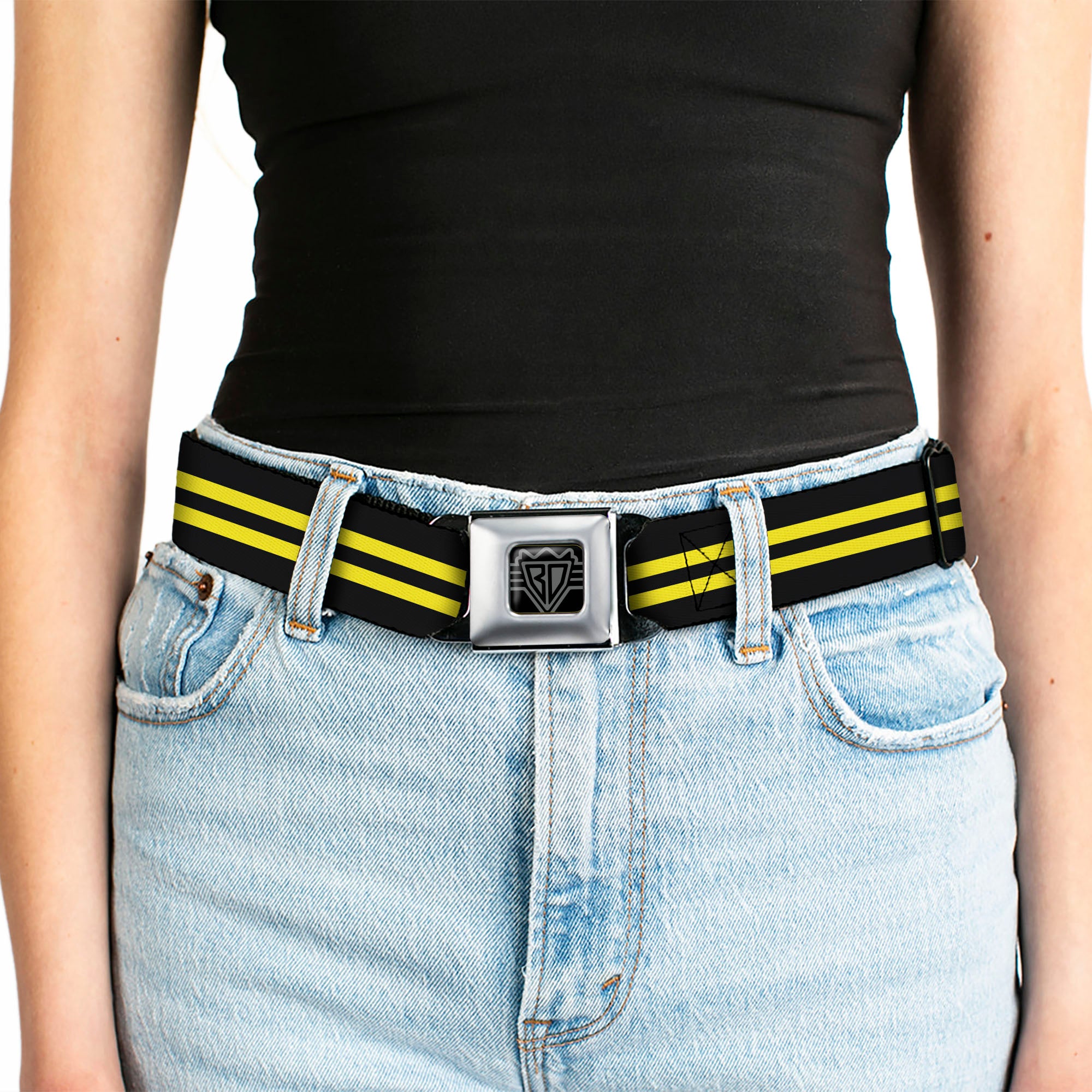 BD Wings Logo CLOSE-UP Full Color Black Silver Seatbelt Belt - Stripe Black/Yellow Webbing Seatbelt Belts Buckle-Down