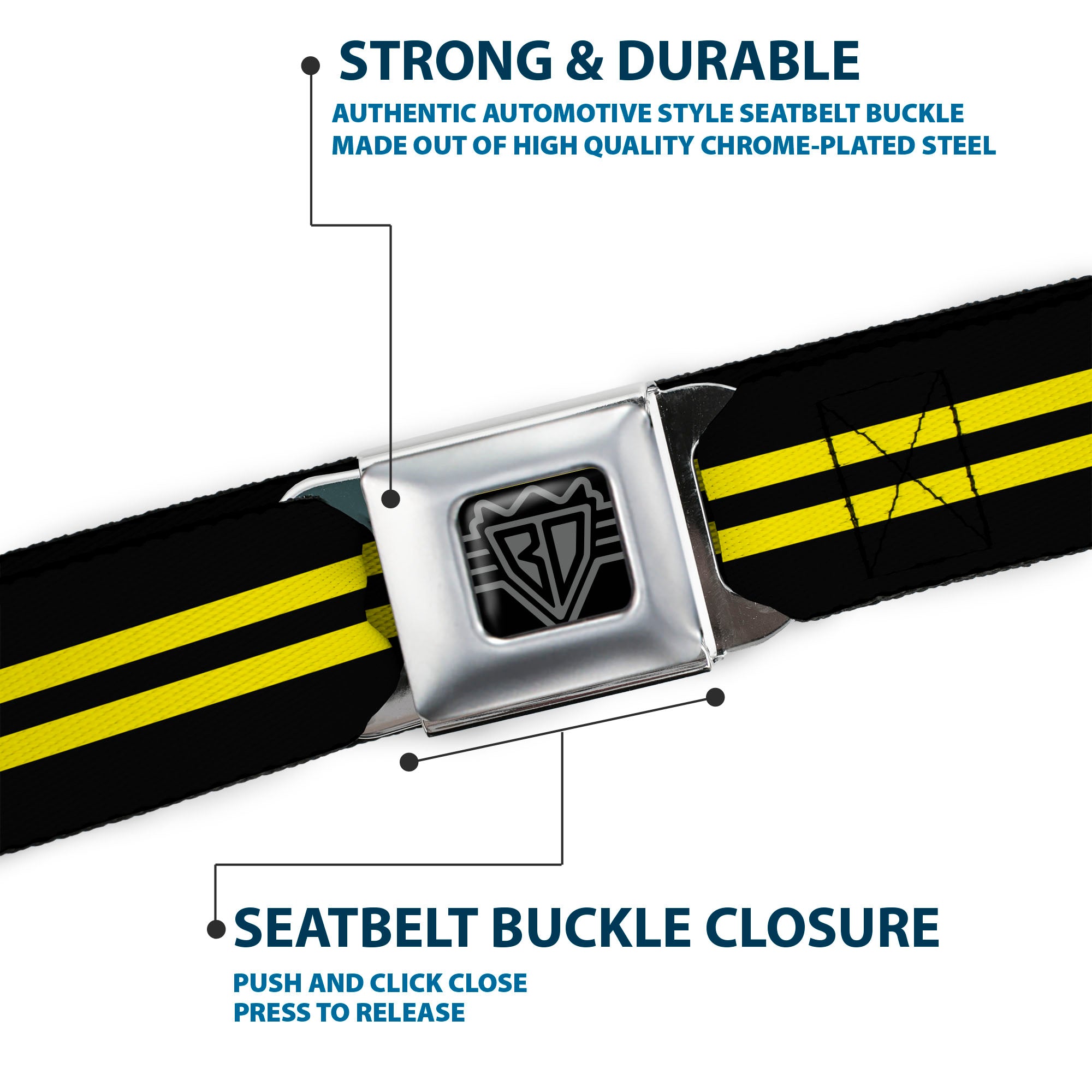 BD Wings Logo CLOSE-UP Full Color Black Silver Seatbelt Belt - Stripe Black/Yellow Webbing Seatbelt Belts Buckle-Down