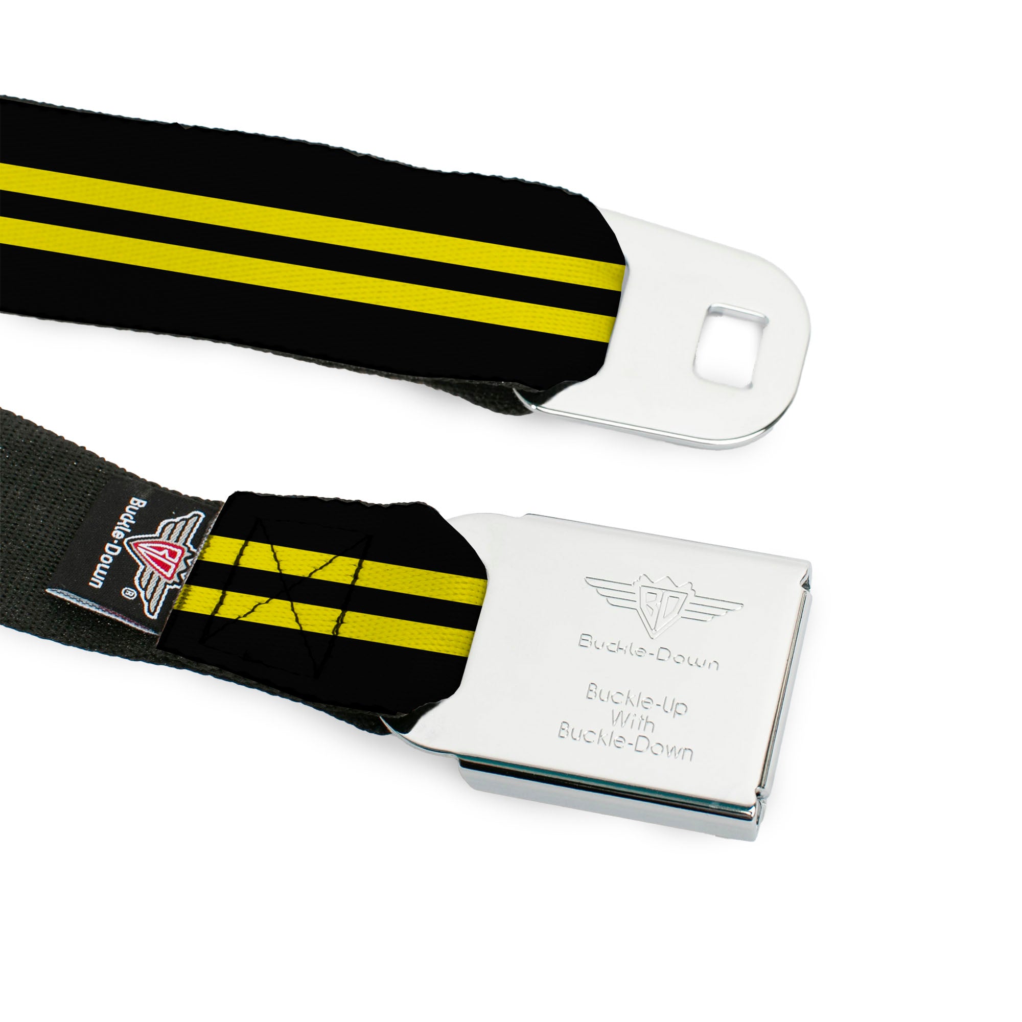 BD Wings Logo CLOSE-UP Full Color Black Silver Seatbelt Belt - Stripe Black/Yellow Webbing Seatbelt Belts Buckle-Down