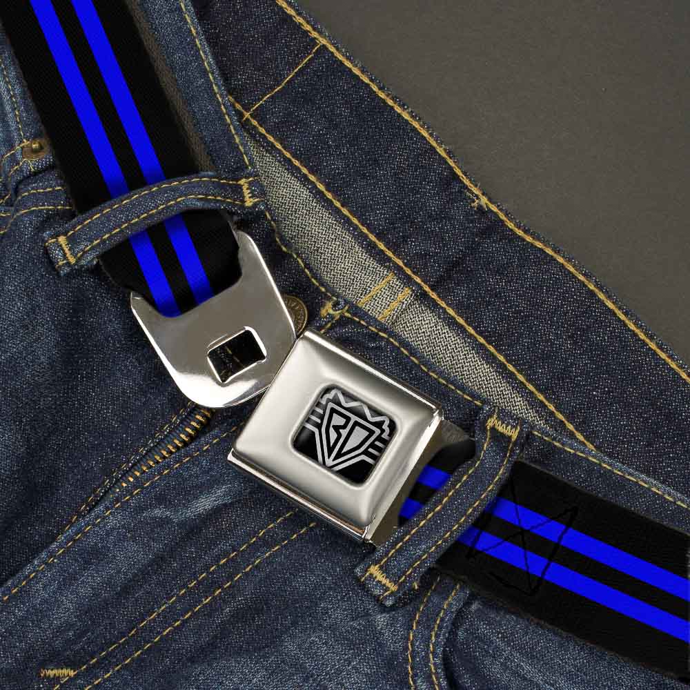 BD Wings Logo CLOSE-UP Full Color Black Silver Seatbelt Belt - Stripe Black/Blue Webbing Seatbelt Belts Buckle-Down