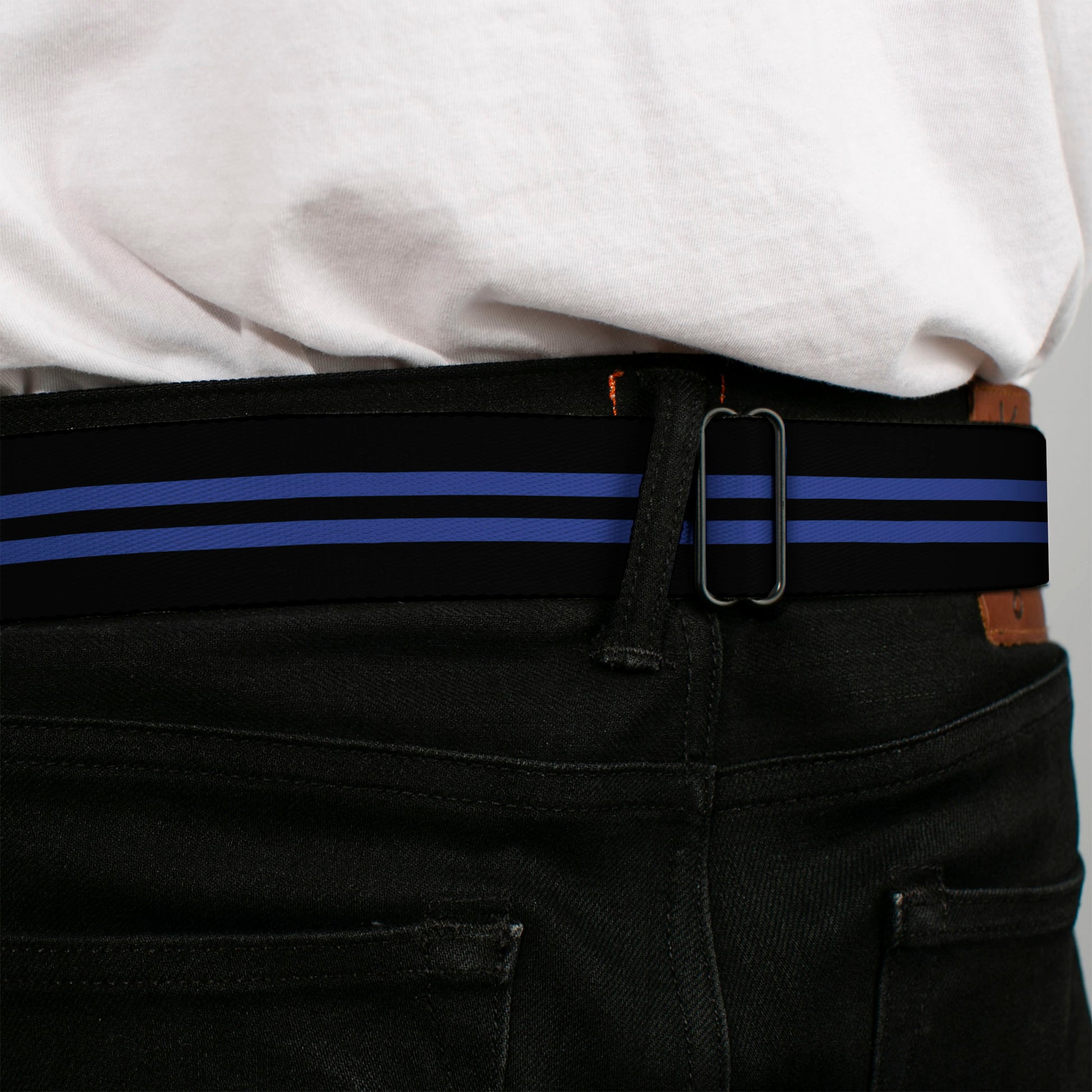 BD Wings Logo CLOSE-UP Full Color Black Silver Seatbelt Belt - Stripe Black/Blue Webbing Seatbelt Belts Buckle-Down