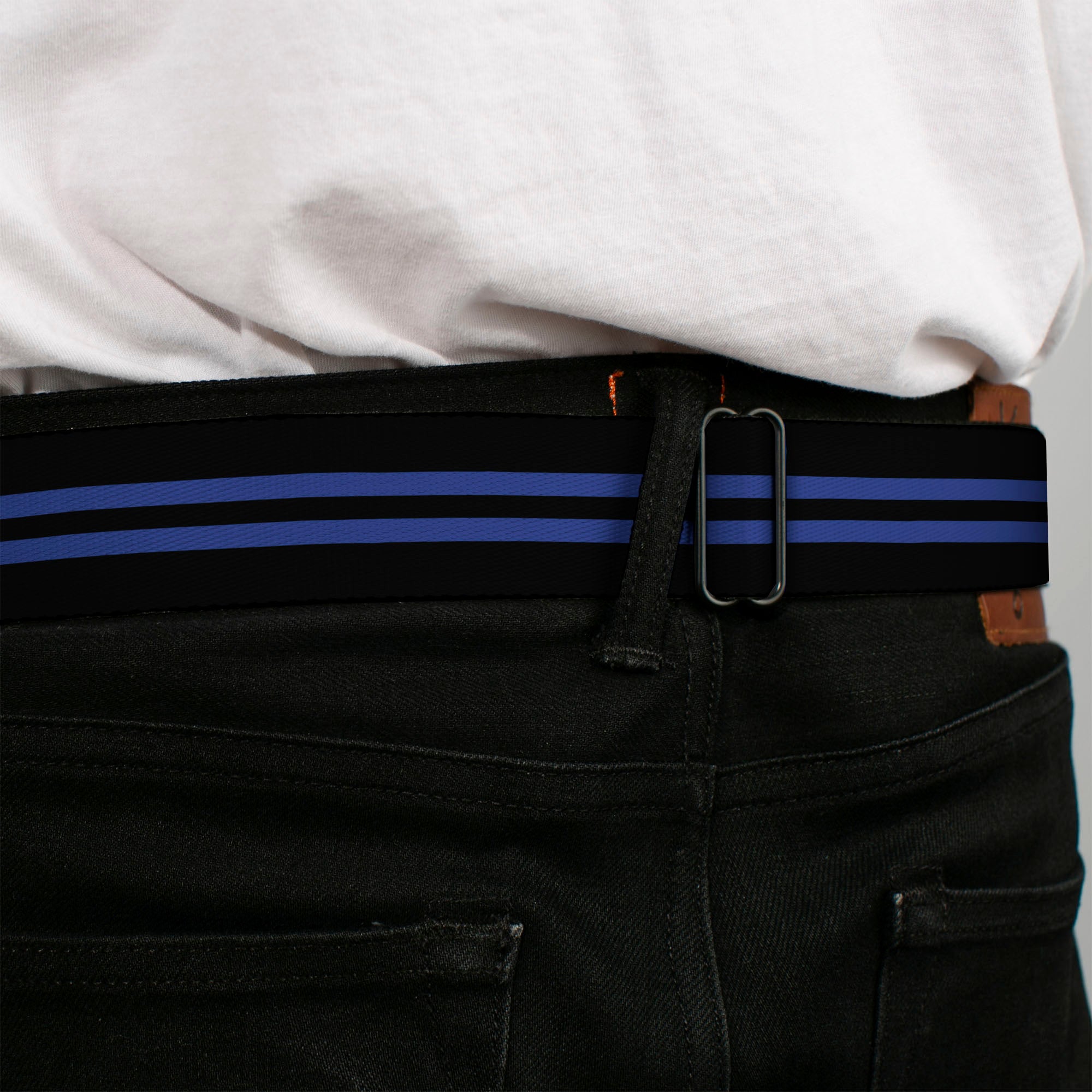 BD Wings Logo CLOSE-UP Full Color Black Silver Seatbelt Belt - Stripe Black/Blue Webbing Seatbelt Belts Buckle-Down