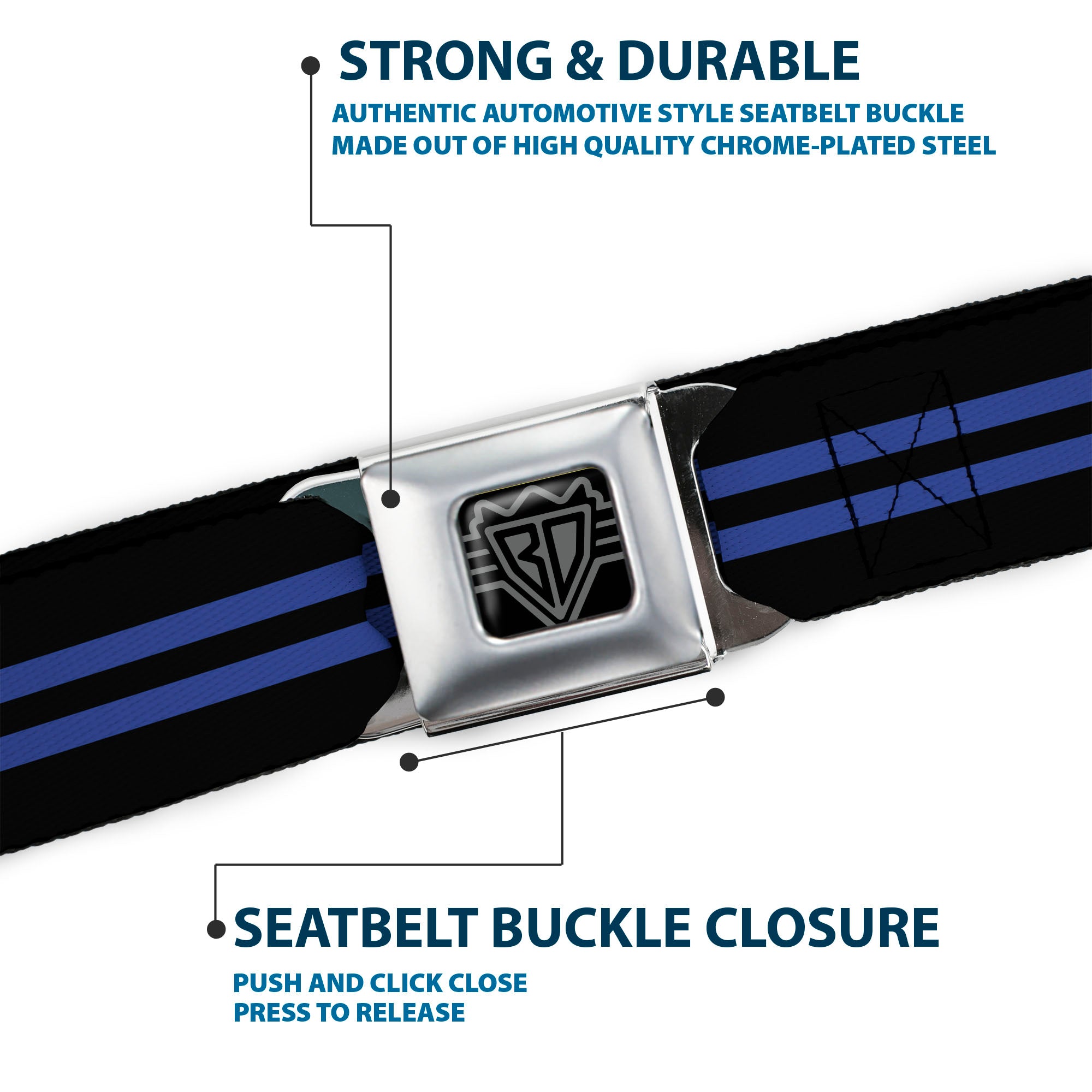 BD Wings Logo CLOSE-UP Full Color Black Silver Seatbelt Belt - Stripe Black/Blue Webbing Seatbelt Belts Buckle-Down