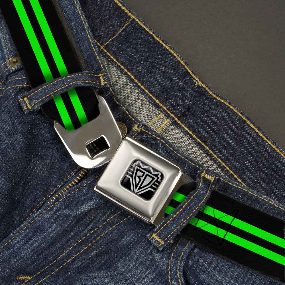 BD Wings Logo CLOSE-UP Full Color Black Silver Seatbelt Belt - Stripe Black/Green Webbing Seatbelt Belts Buckle-Down