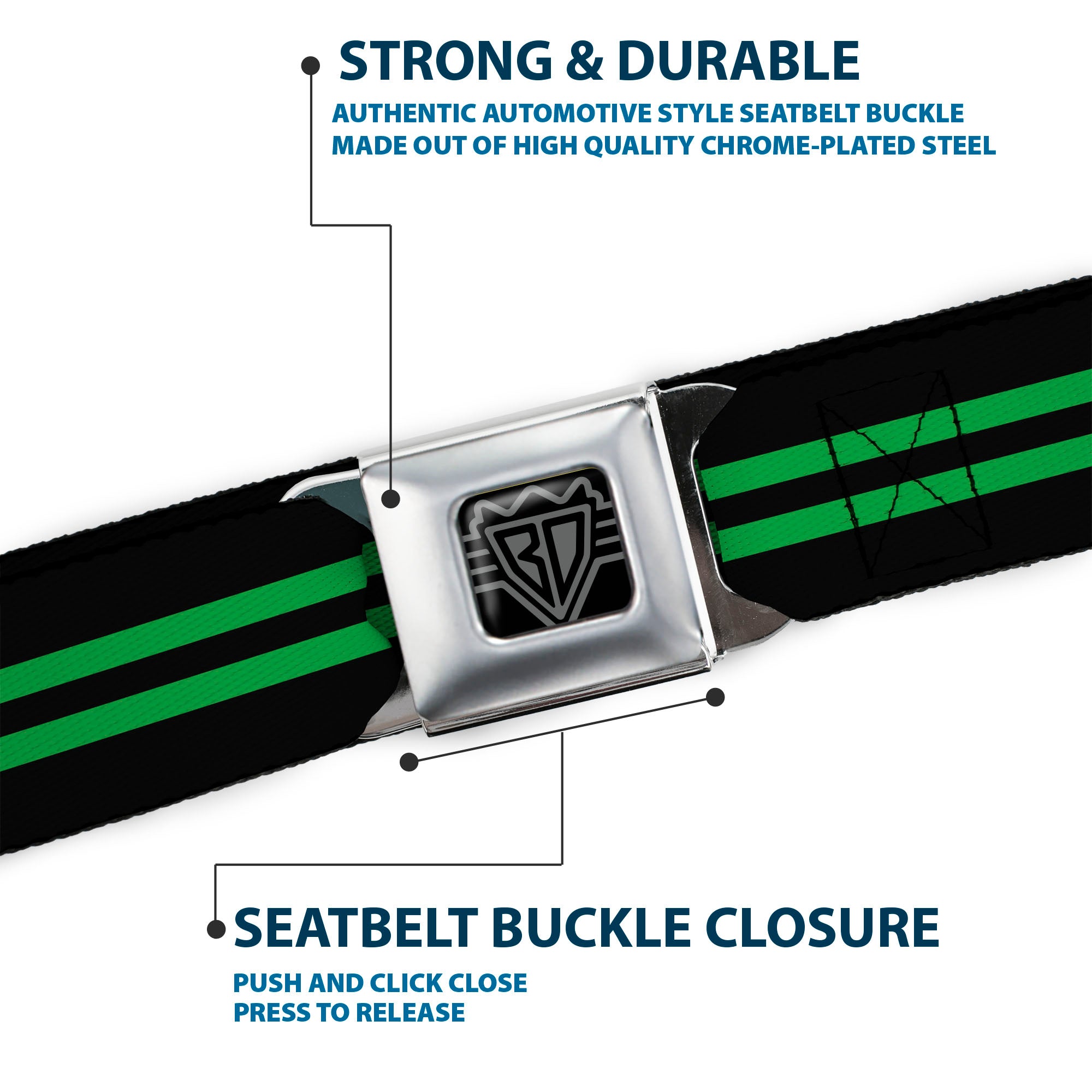 BD Wings Logo CLOSE-UP Full Color Black Silver Seatbelt Belt - Stripe Black/Green Webbing Seatbelt Belts Buckle-Down