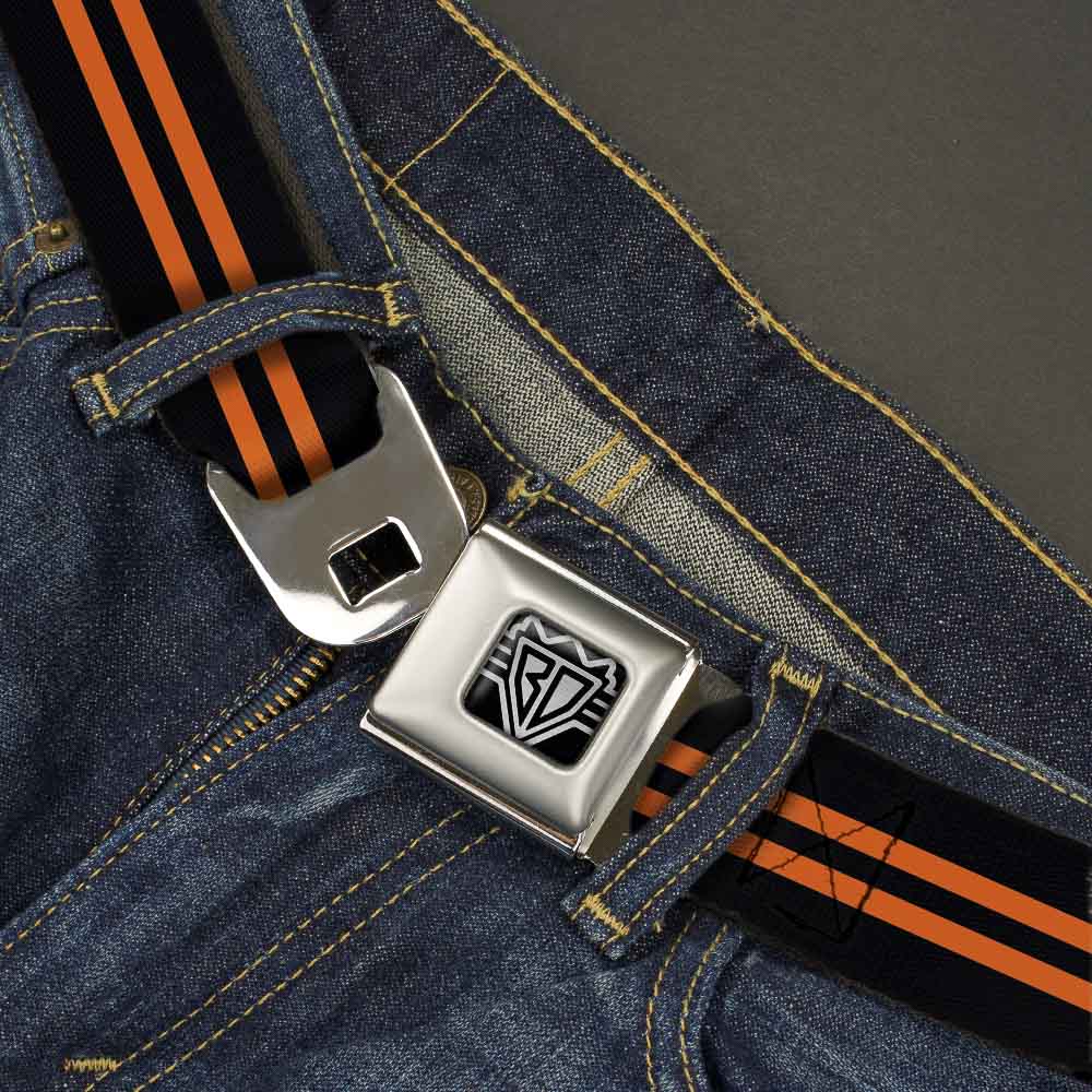 BD Wings Logo CLOSE-UP Full Color Black Silver Seatbelt Belt - Stripe Black/Orange Webbing Seatbelt Belts Buckle-Down