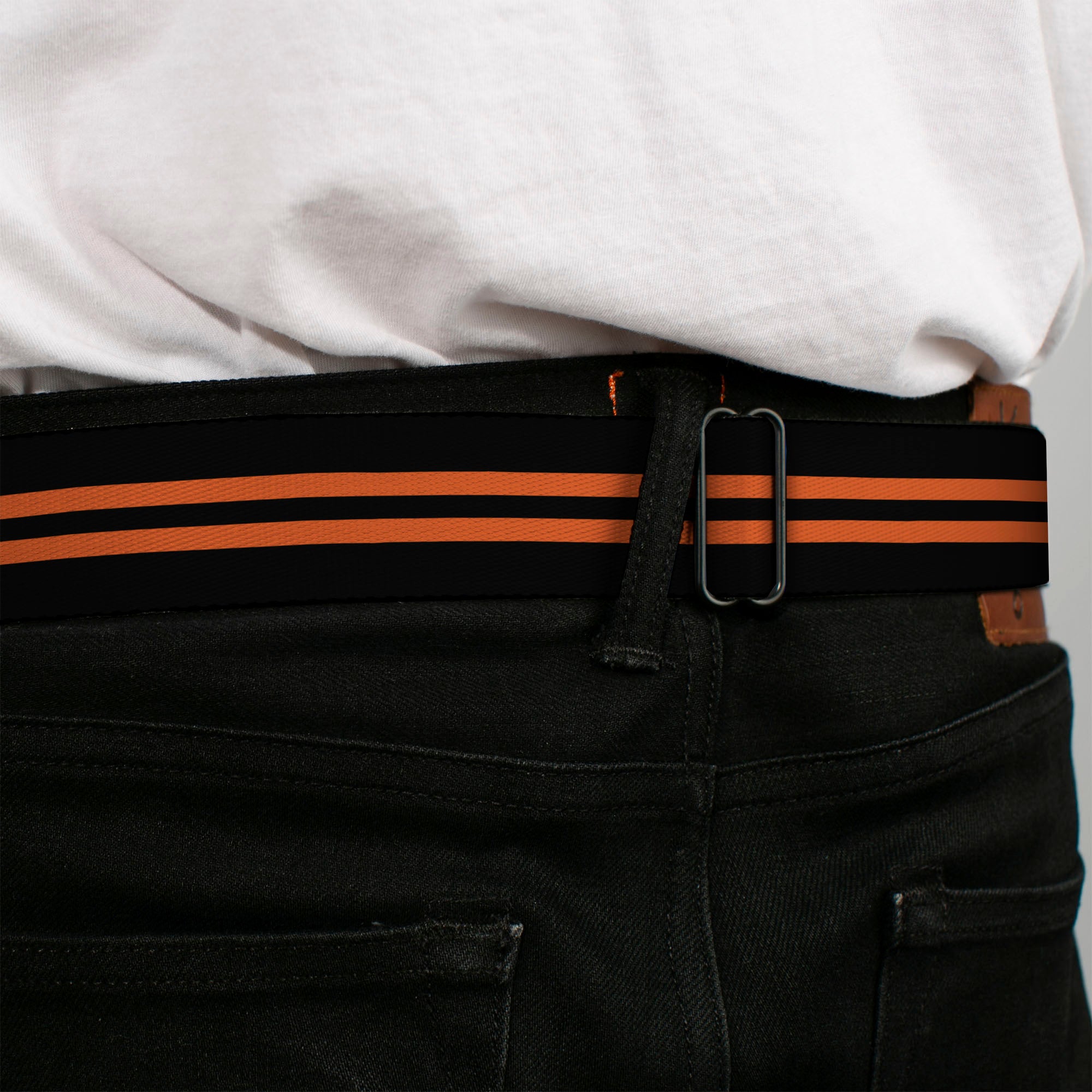 BD Wings Logo CLOSE-UP Full Color Black Silver Seatbelt Belt - Stripe Black/Orange Webbing Seatbelt Belts Buckle-Down