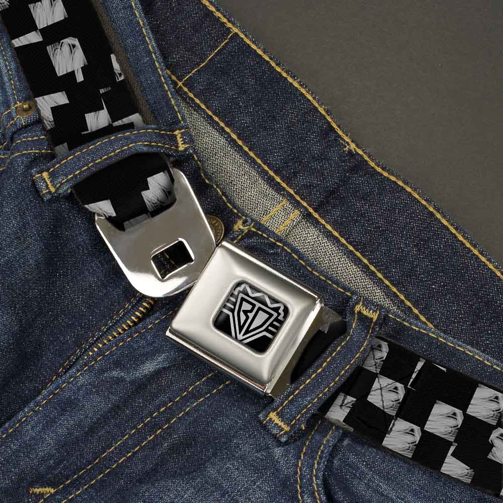 BD Wings Logo CLOSE-UP Full Color Black Silver Seatbelt Belt - Scribble Checker Black/White Webbing Seatbelt Belts Buckle-Down