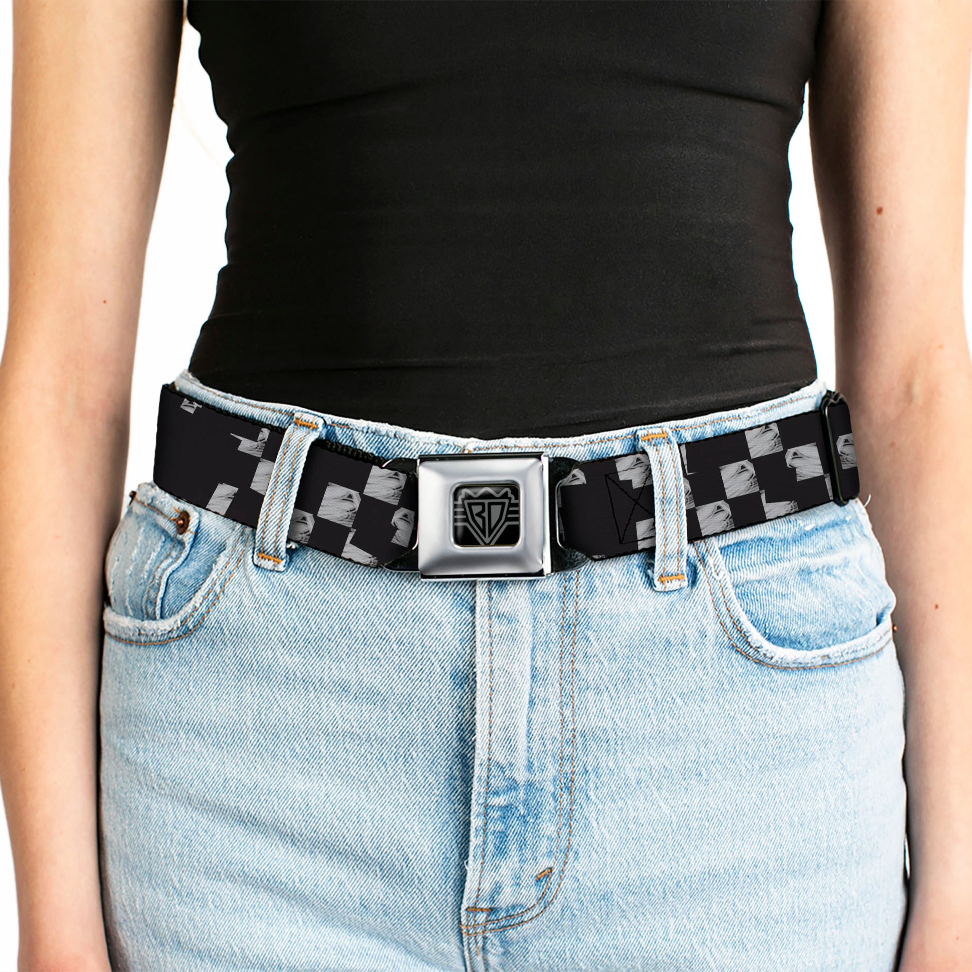 BD Wings Logo CLOSE-UP Full Color Black Silver Seatbelt Belt - Scribble Checker Black/White Webbing Seatbelt Belts Buckle-Down
