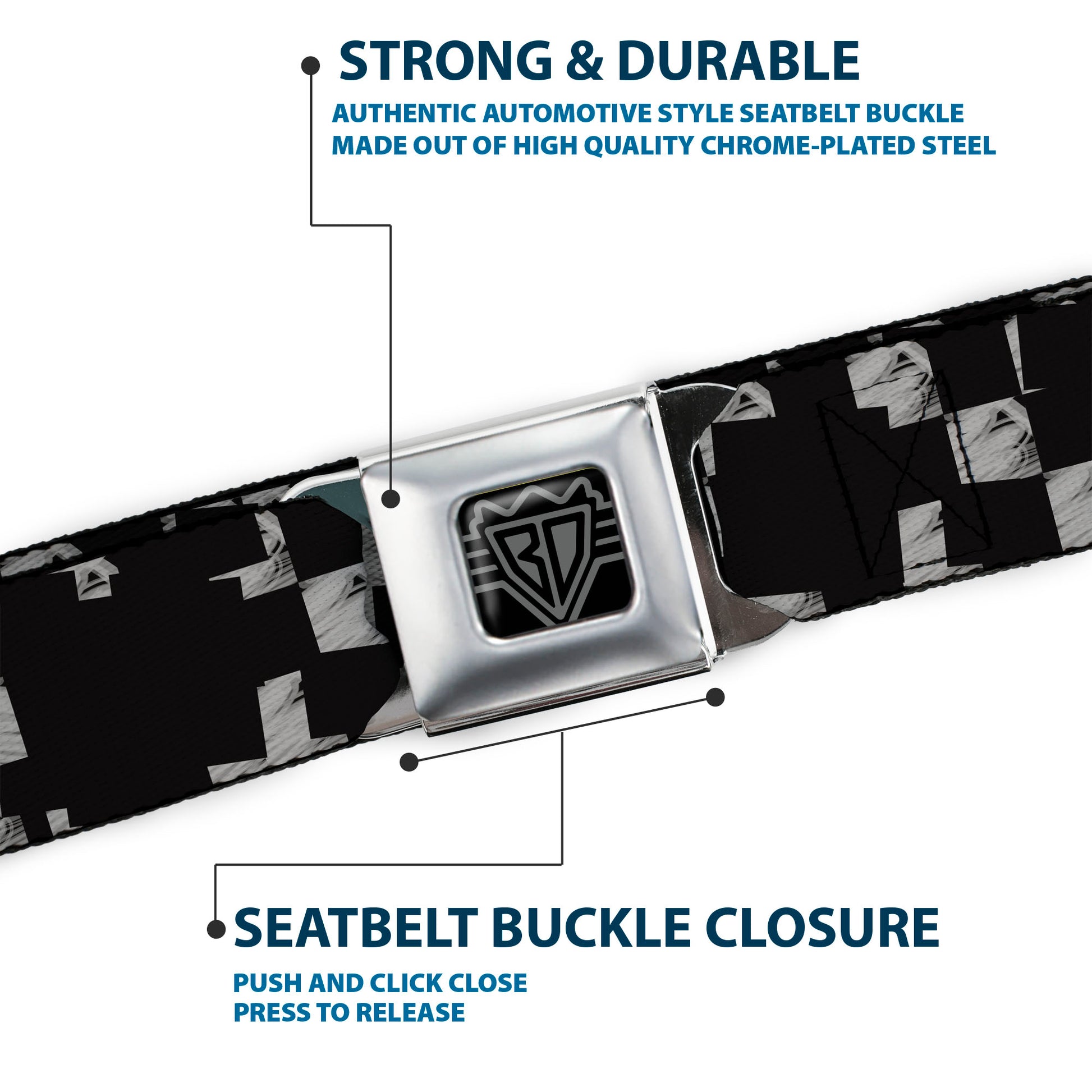 BD Wings Logo CLOSE-UP Full Color Black Silver Seatbelt Belt - Scribble Checker Black/White Webbing Seatbelt Belts Buckle-Down