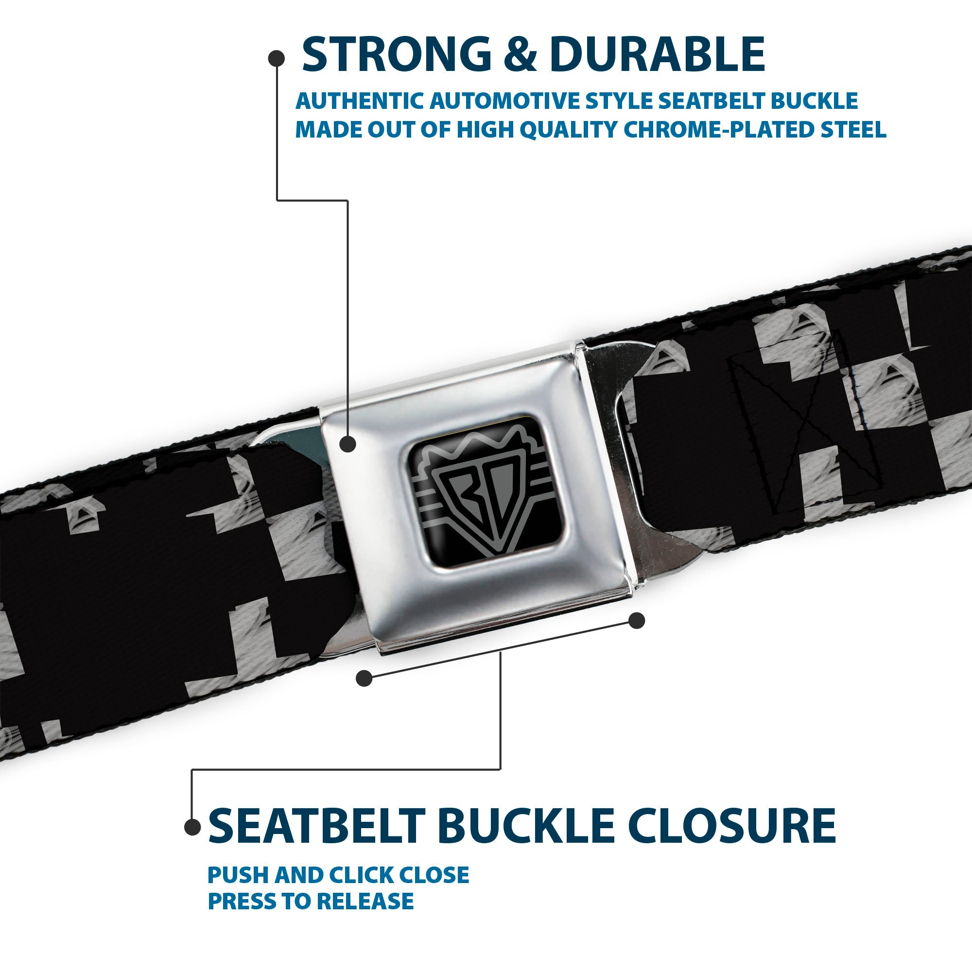 BD Wings Logo CLOSE-UP Full Color Black Silver Seatbelt Belt - Scribble Checker Black/White Webbing Seatbelt Belts Buckle-Down