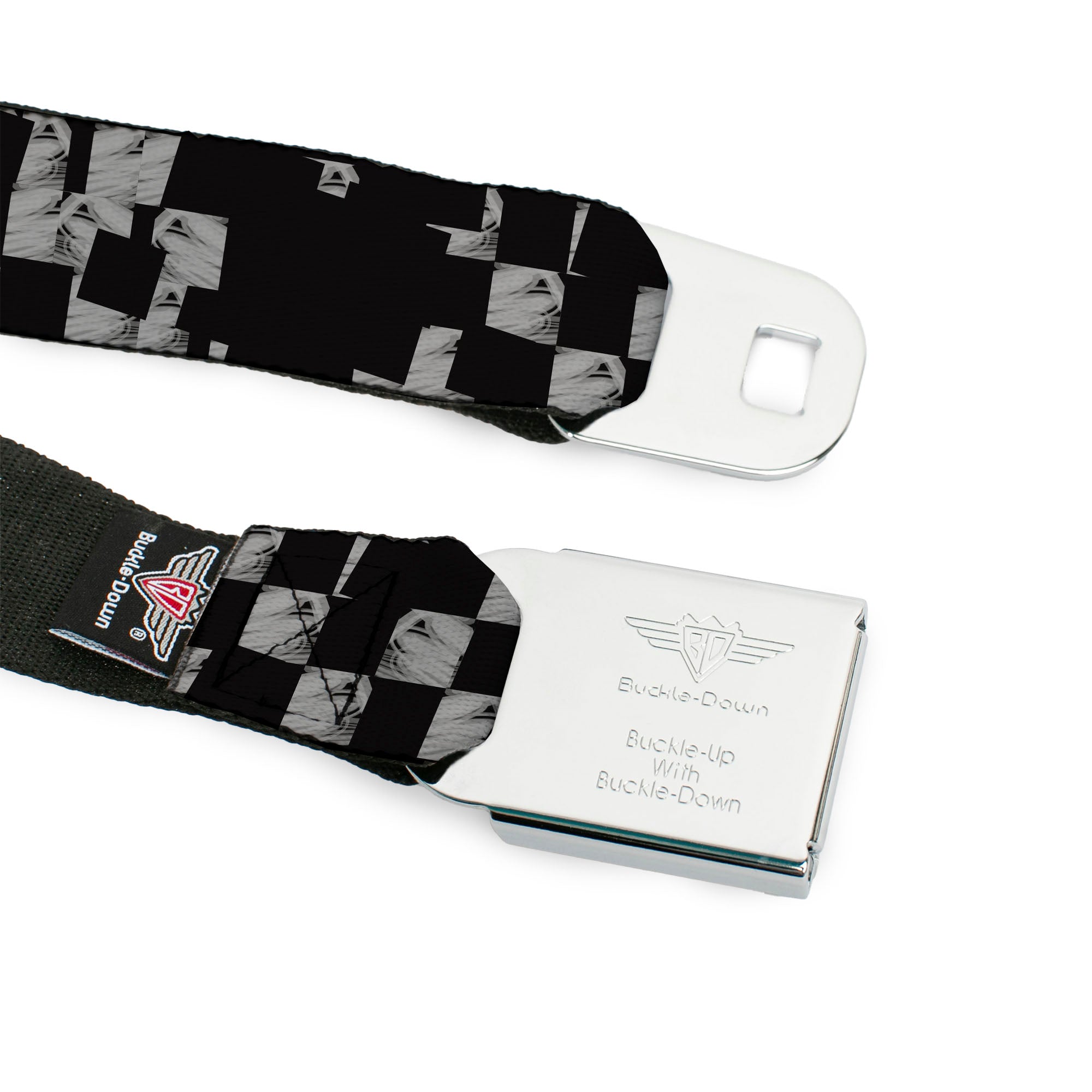 BD Wings Logo CLOSE-UP Full Color Black Silver Seatbelt Belt - Scribble Checker Black/White Webbing Seatbelt Belts Buckle-Down