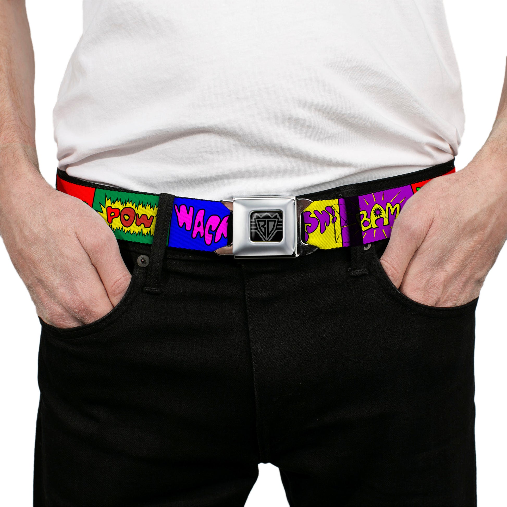 BD Wings Logo CLOSE-UP Full Color Black Silver Seatbelt Belt - Sound Effect Blocks Multi Color Webbing Seatbelt Belts Buckle-Down