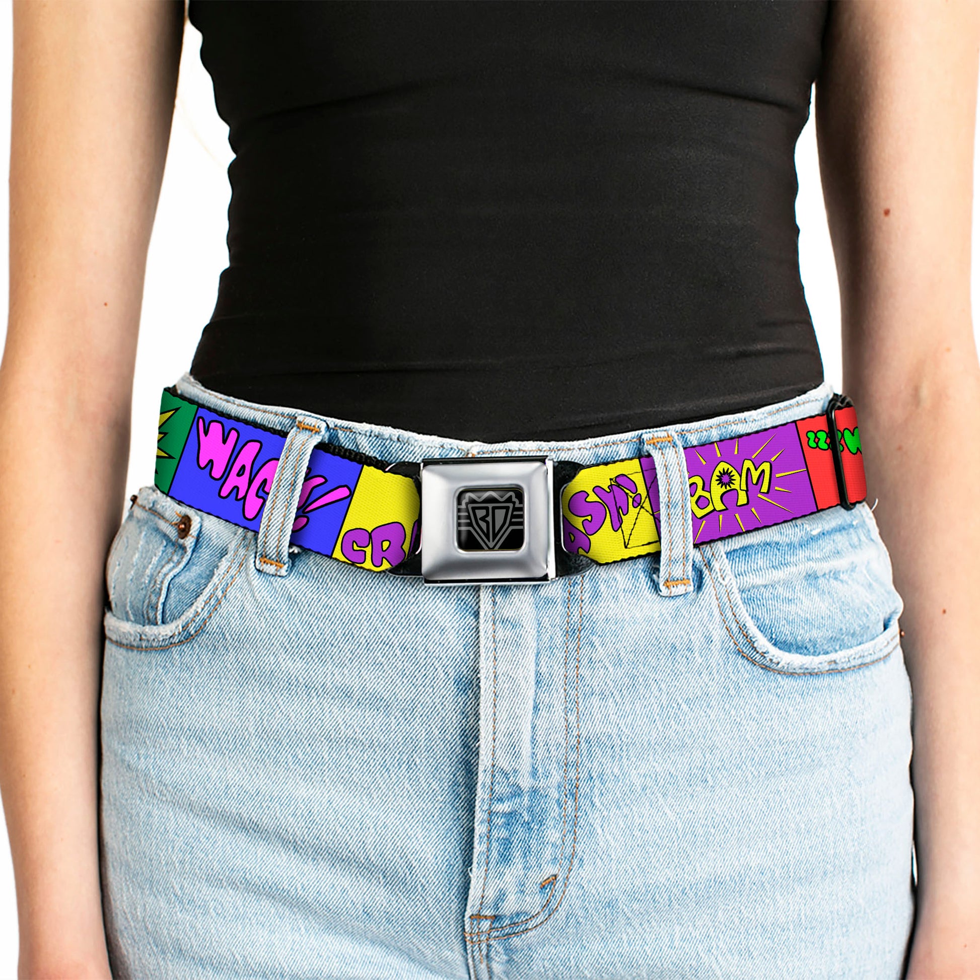 BD Wings Logo CLOSE-UP Full Color Black Silver Seatbelt Belt - Sound Effect Blocks Multi Color Webbing Seatbelt Belts Buckle-Down