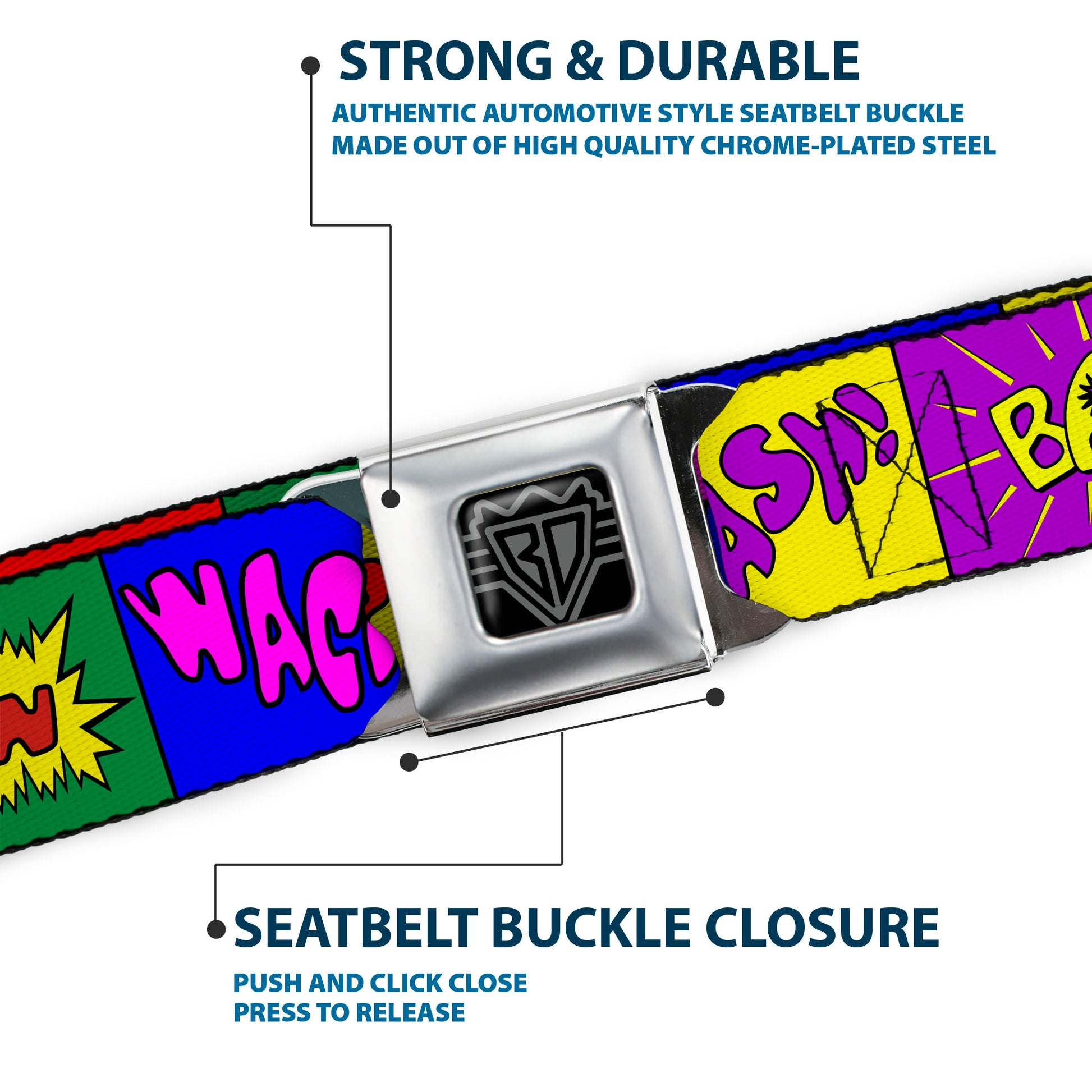 BD Wings Logo CLOSE-UP Full Color Black Silver Seatbelt Belt - Sound Effect Blocks Multi Color Webbing Seatbelt Belts Buckle-Down