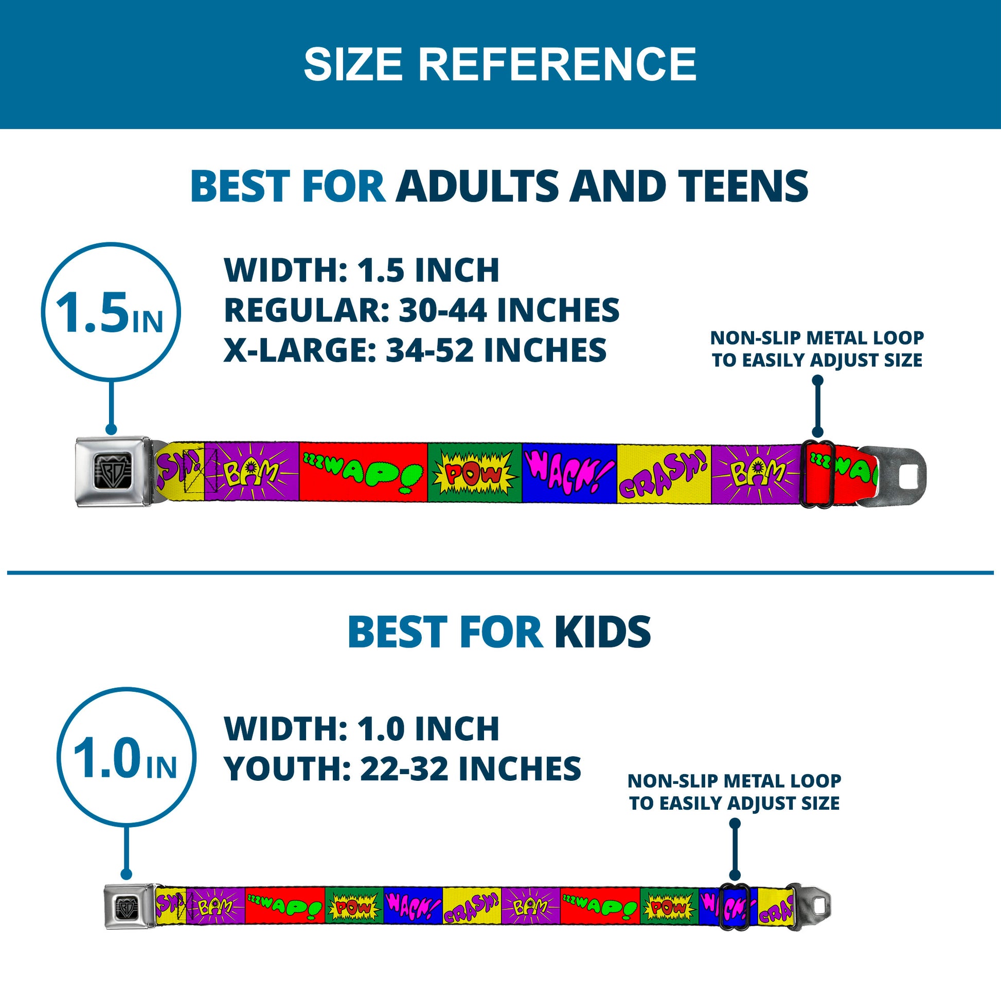 BD Wings Logo CLOSE-UP Full Color Black Silver Seatbelt Belt - Sound Effect Blocks Multi Color Webbing Seatbelt Belts Buckle-Down