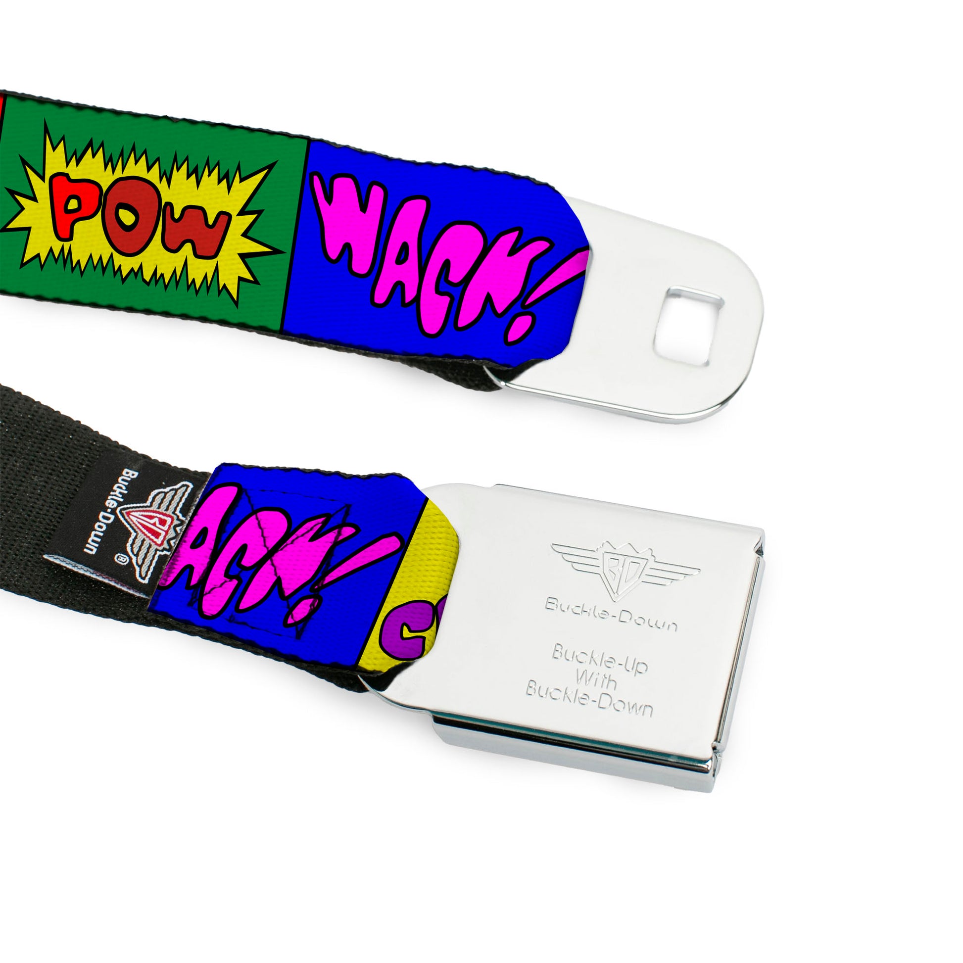 BD Wings Logo CLOSE-UP Full Color Black Silver Seatbelt Belt - Sound Effect Blocks Multi Color Webbing Seatbelt Belts Buckle-Down
