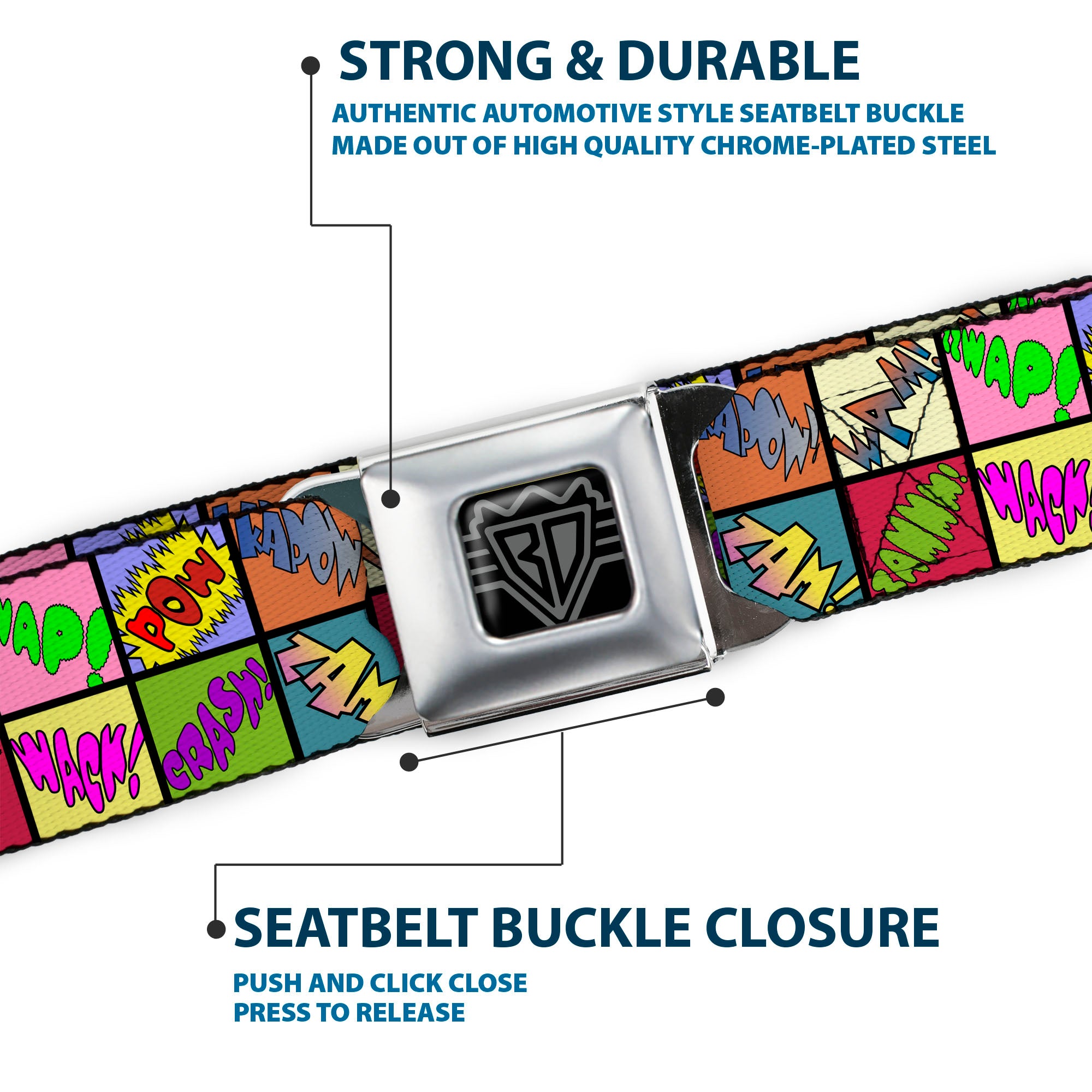 BD Wings Logo CLOSE-UP Full Color Black Silver Seatbelt Belt - Sound Effect Checkers Multi Color Webbing Seatbelt Belts Buckle-Down