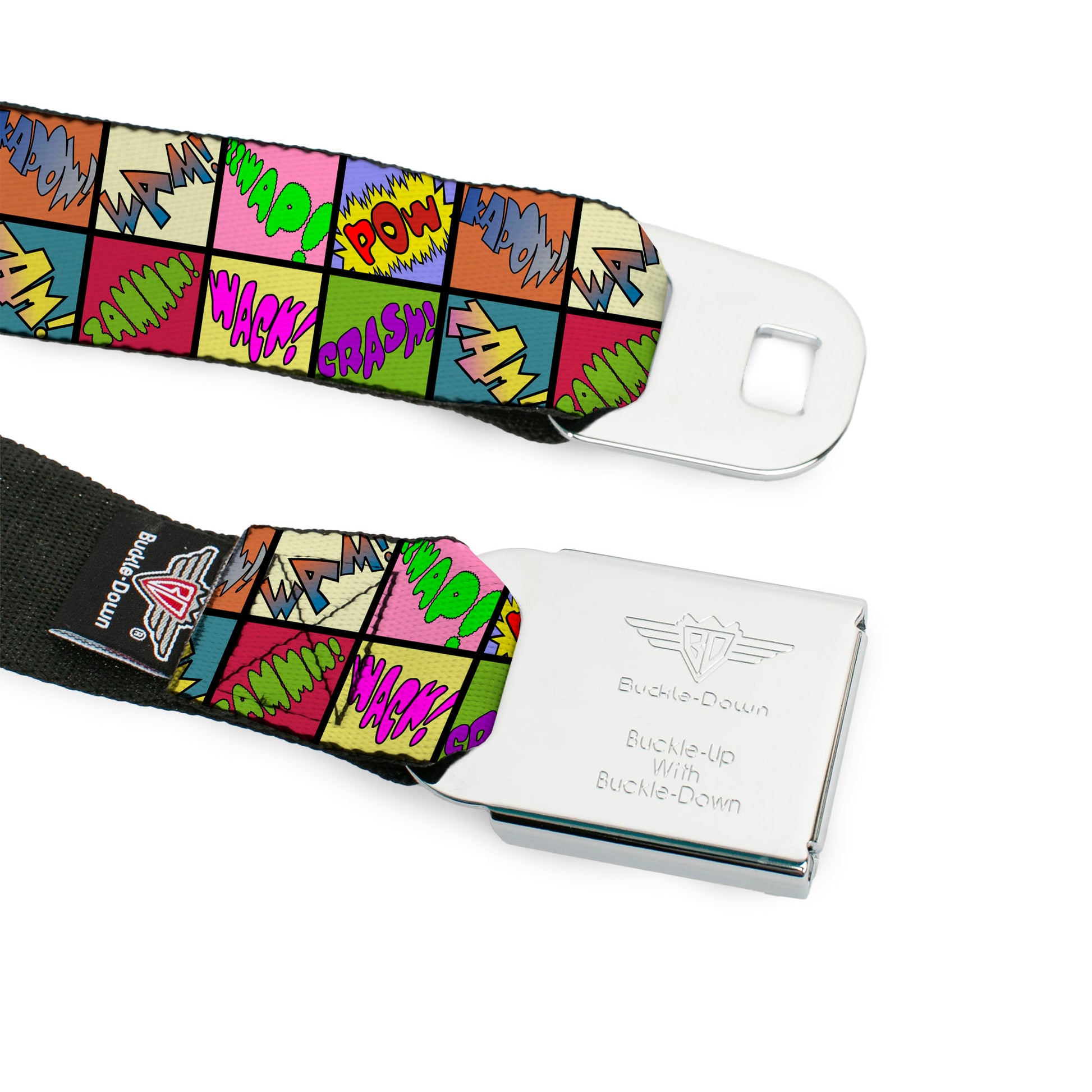 BD Wings Logo CLOSE-UP Full Color Black Silver Seatbelt Belt - Sound Effect Checkers Multi Color Webbing Seatbelt Belts Buckle-Down