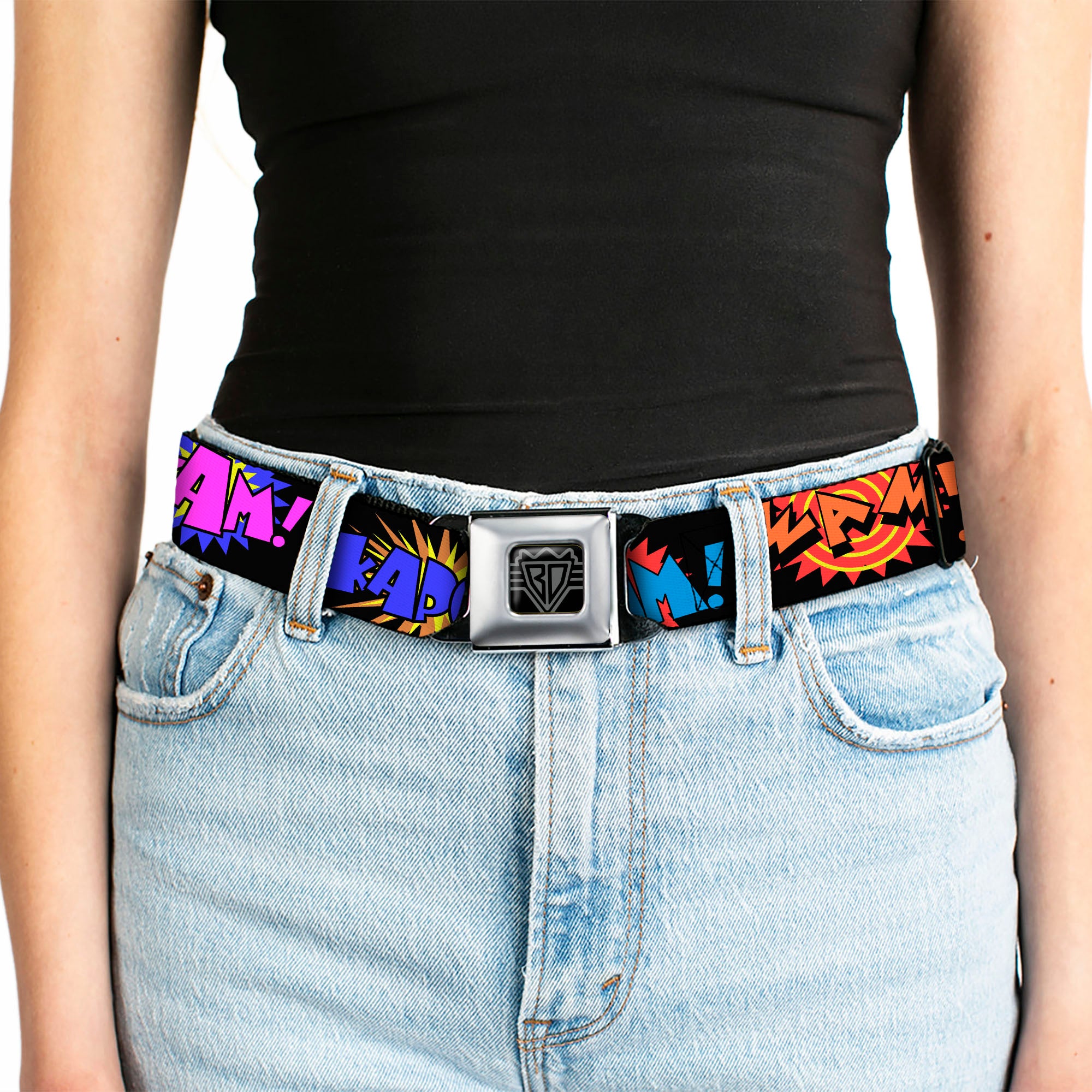BD Wings Logo CLOSE-UP Full Color Black Silver Seatbelt Belt - Sound Effects Black/Multi Color Webbing Seatbelt Belts Buckle-Down