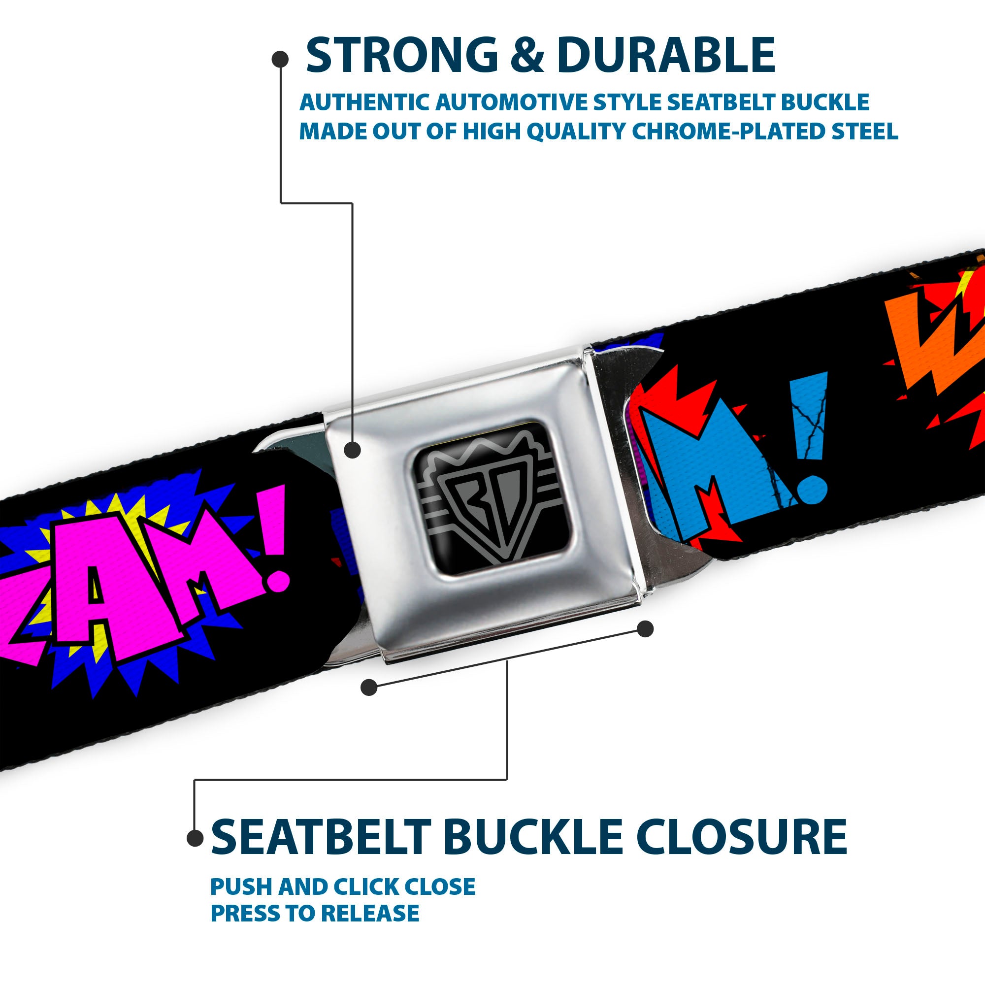 BD Wings Logo CLOSE-UP Full Color Black Silver Seatbelt Belt - Sound Effects Black/Multi Color Webbing Seatbelt Belts Buckle-Down