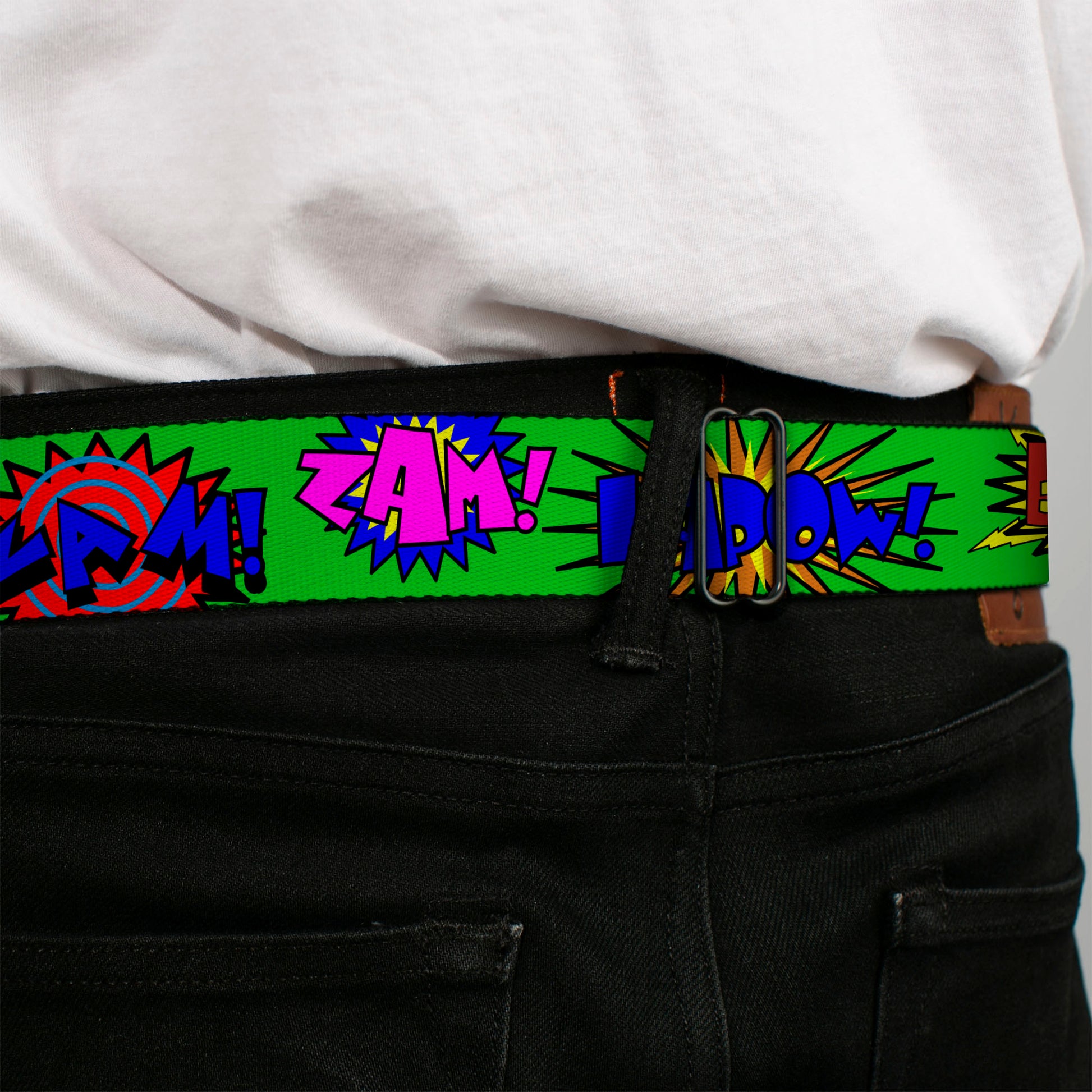 BD Wings Logo CLOSE-UP Full Color Black Silver Seatbelt Belt - Sound Effects Green/Multi Color Webbing Seatbelt Belts Buckle-Down