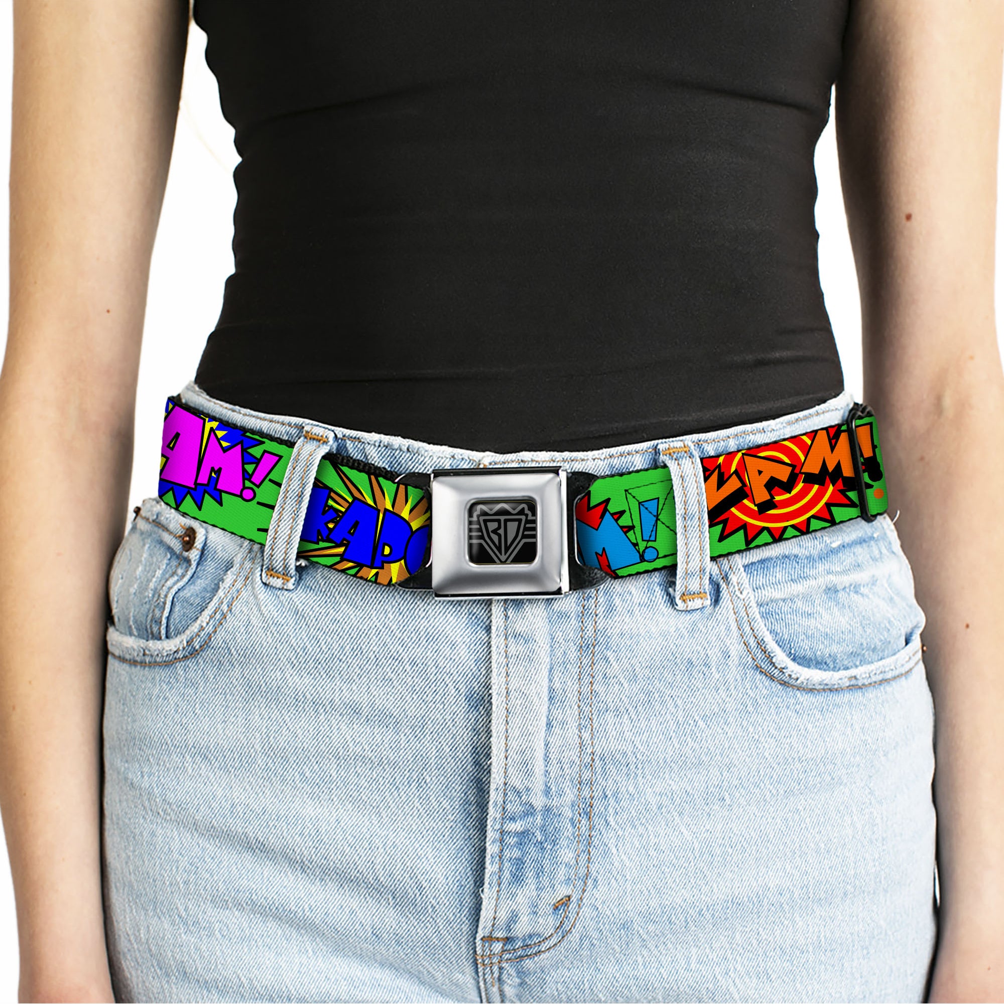 BD Wings Logo CLOSE-UP Full Color Black Silver Seatbelt Belt - Sound Effects Green/Multi Color Webbing Seatbelt Belts Buckle-Down