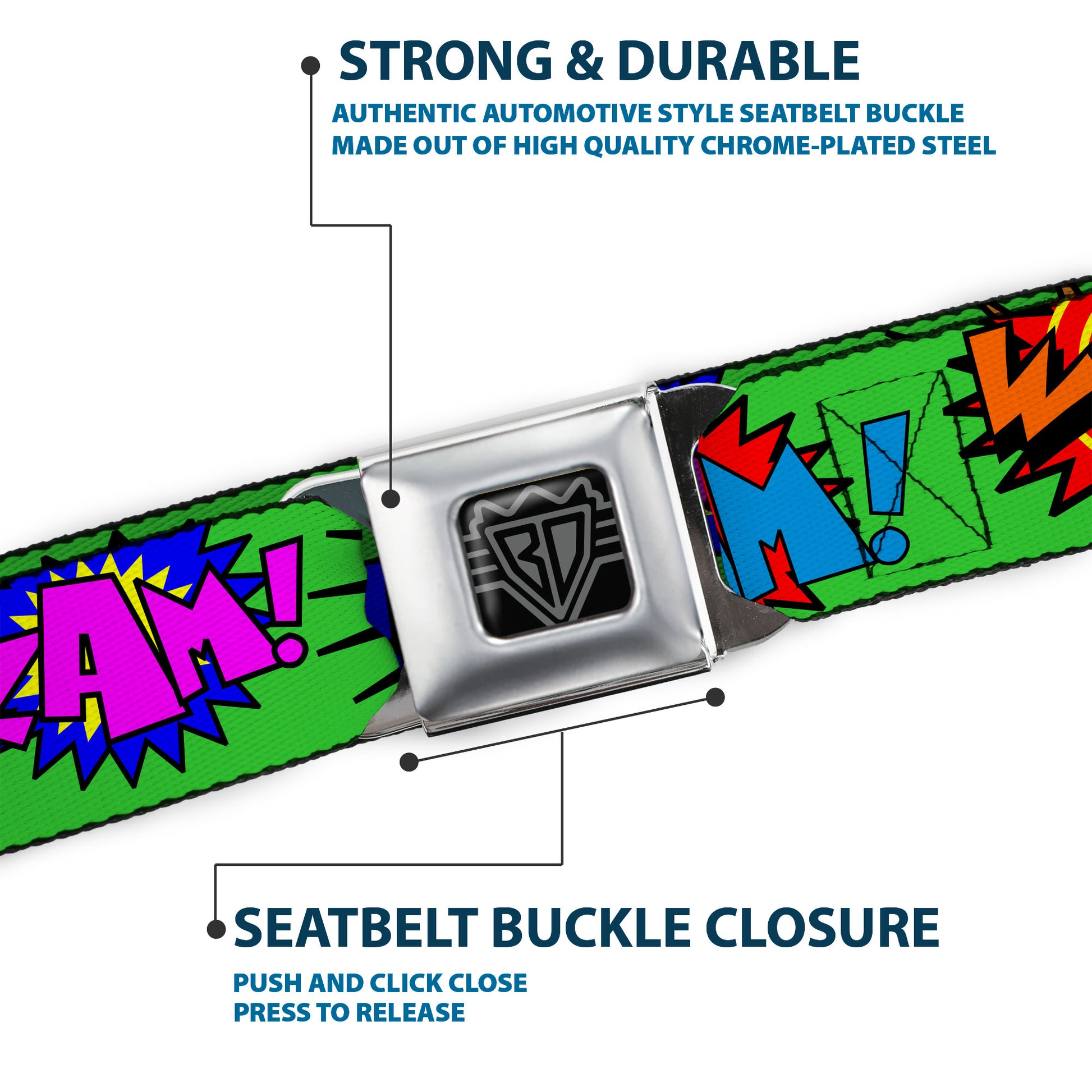 BD Wings Logo CLOSE-UP Full Color Black Silver Seatbelt Belt - Sound Effects Green/Multi Color Webbing Seatbelt Belts Buckle-Down