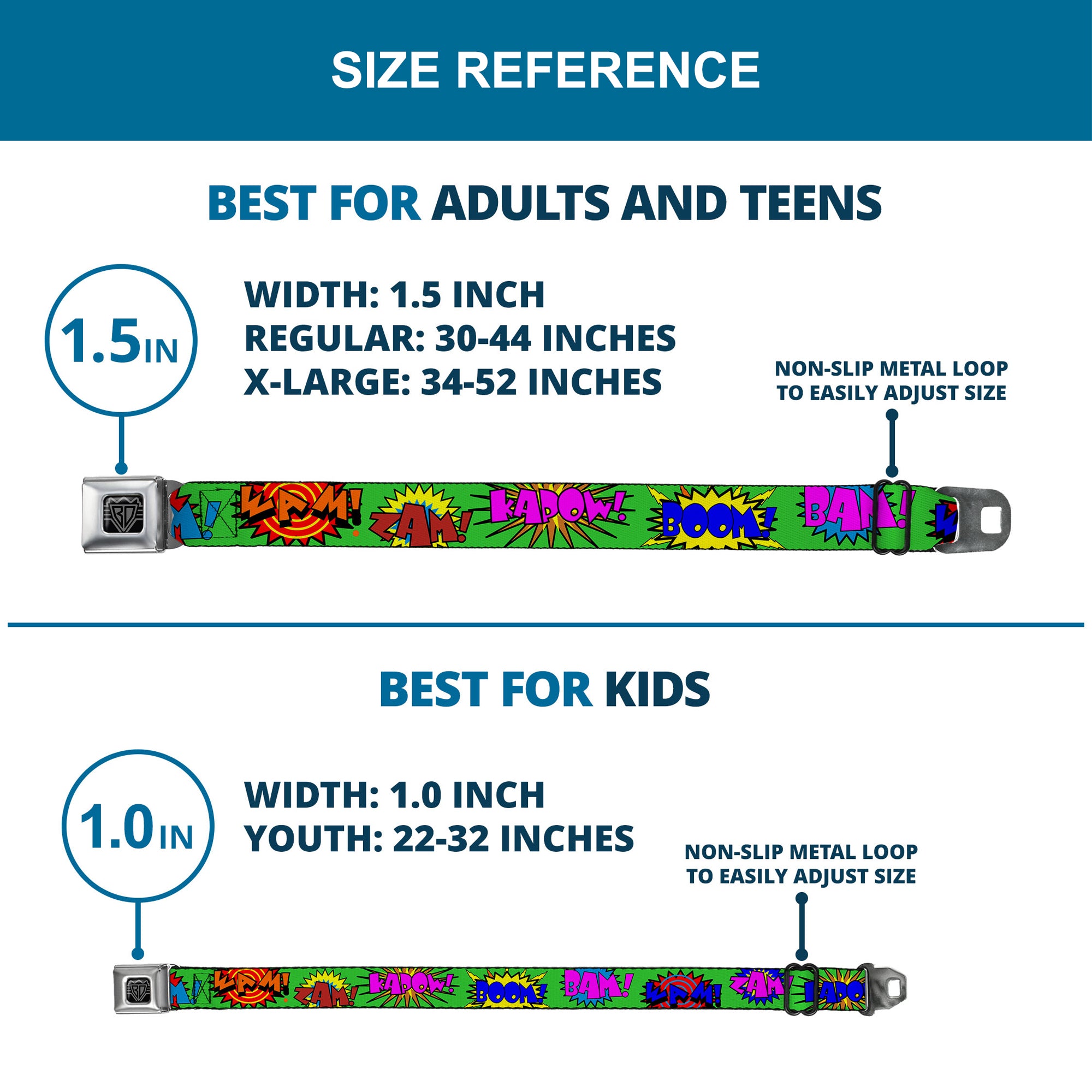 BD Wings Logo CLOSE-UP Full Color Black Silver Seatbelt Belt - Sound Effects Green/Multi Color Webbing Seatbelt Belts Buckle-Down