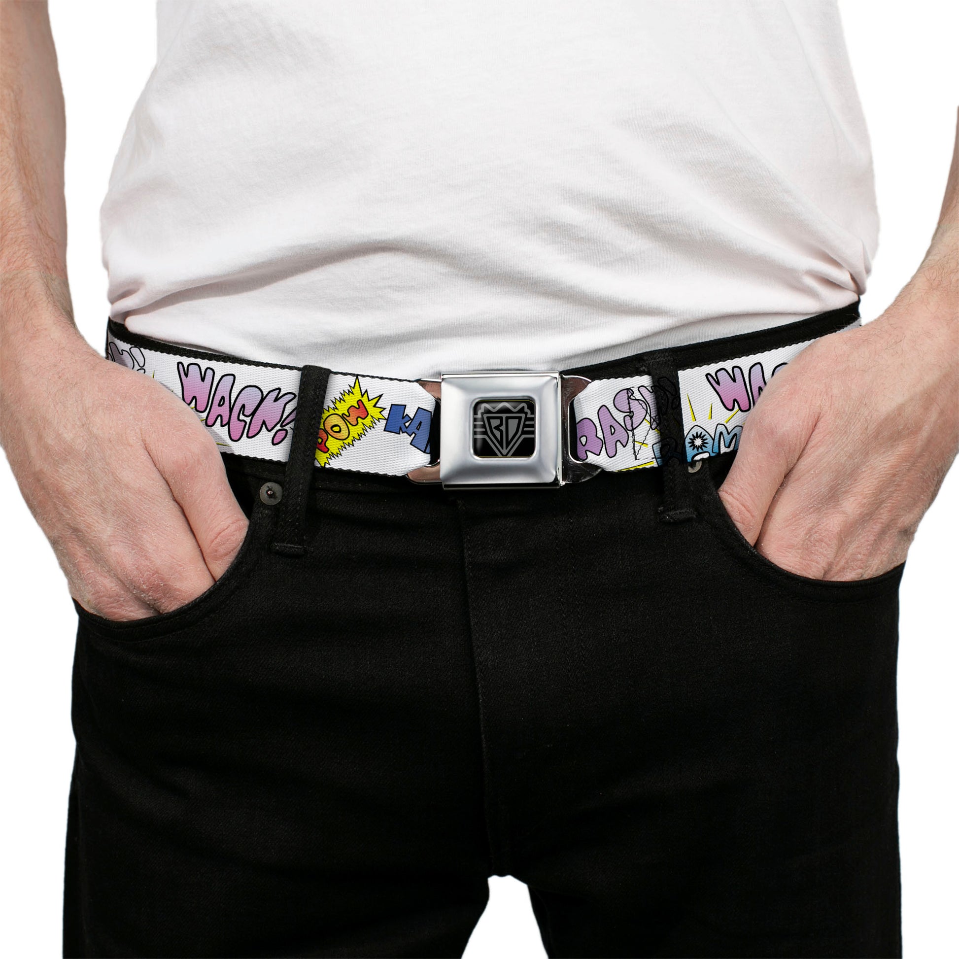BD Wings Logo CLOSE-UP Full Color Black Silver Seatbelt Belt - Sound Effects White/Pastel Webbing Seatbelt Belts Buckle-Down