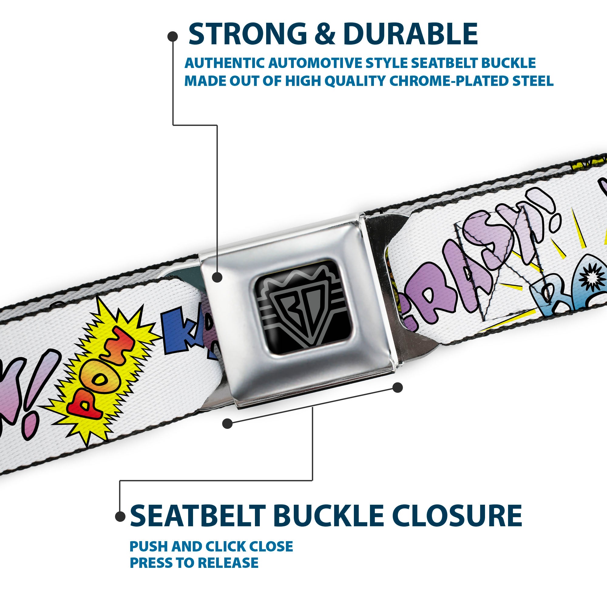 BD Wings Logo CLOSE-UP Full Color Black Silver Seatbelt Belt - Sound Effects White/Pastel Webbing Seatbelt Belts Buckle-Down